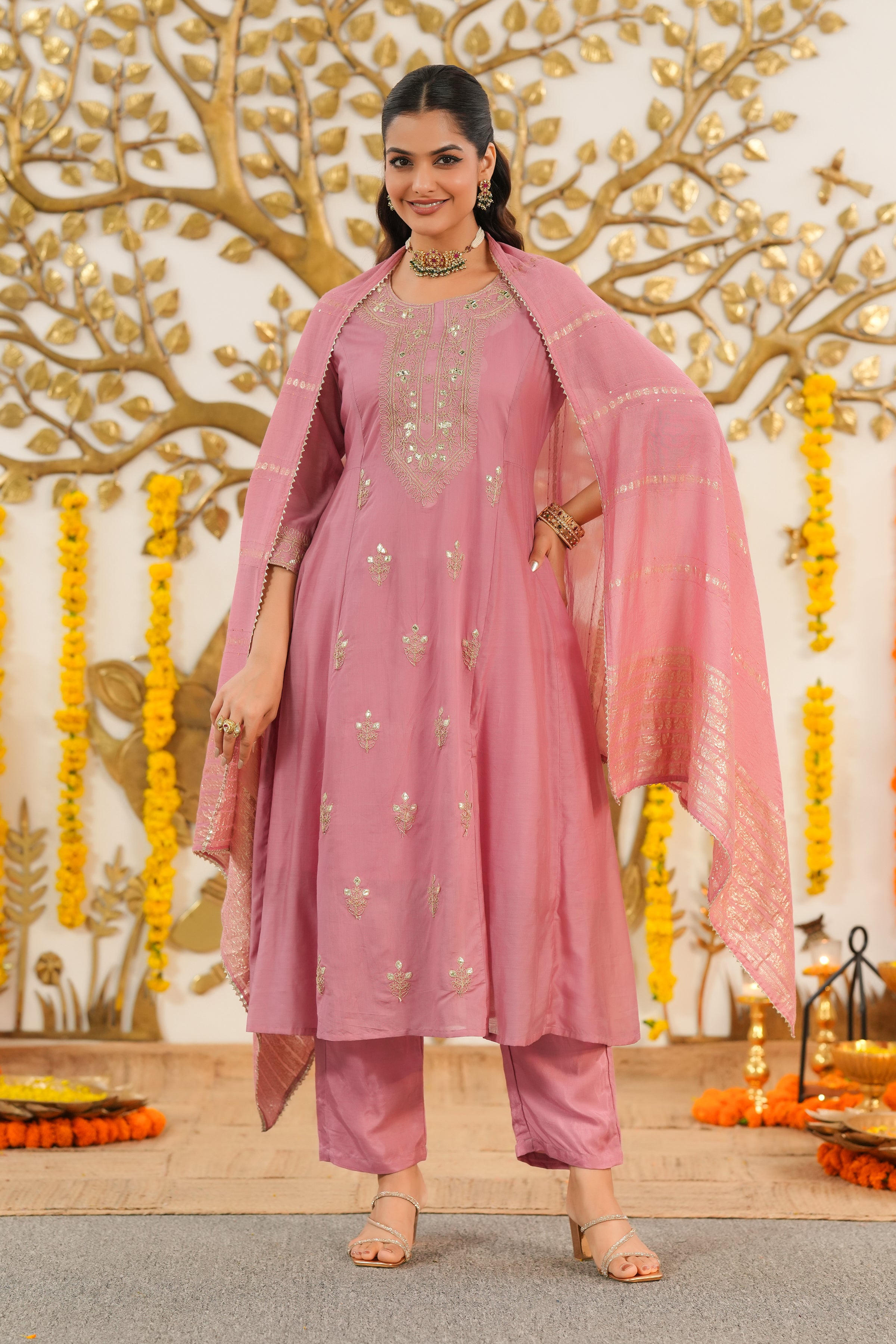 Mauve Mul Chanderi Dori Embroidered Anarkali Suit Set