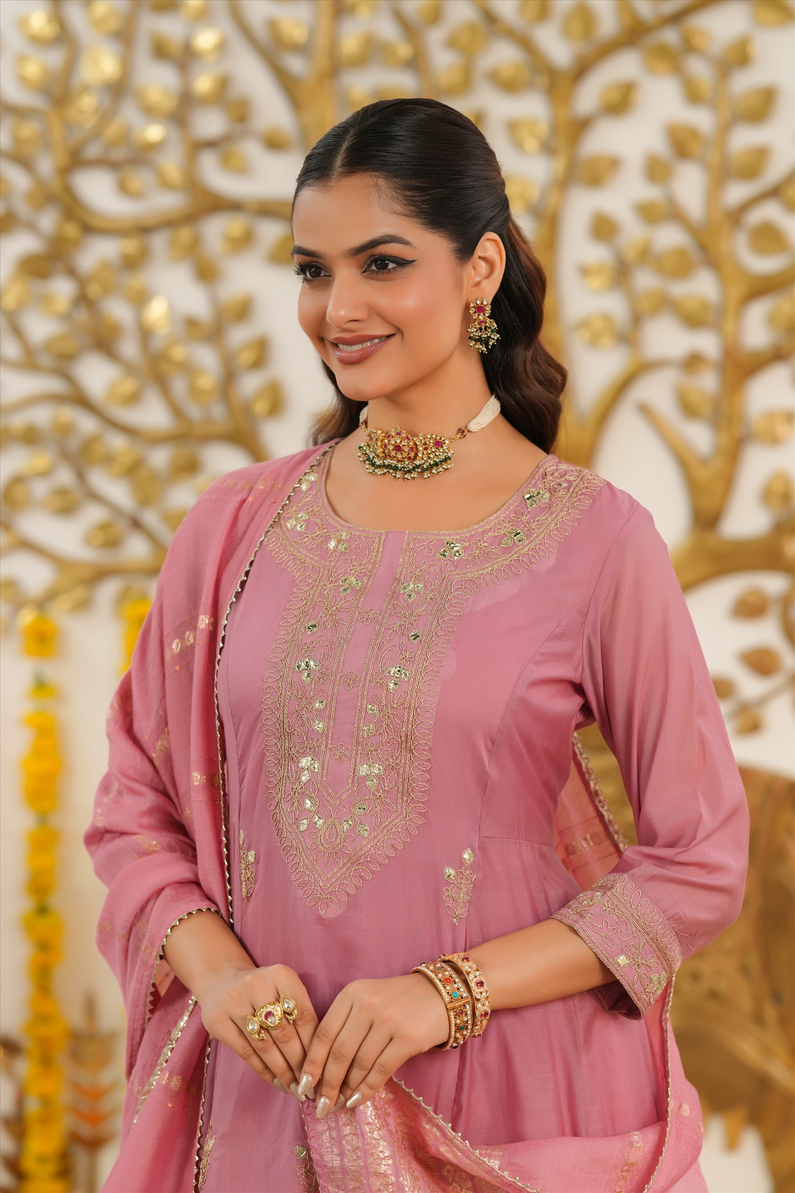 Mauve Mul Chanderi Dori Embroidered Anarkali Suit Set
