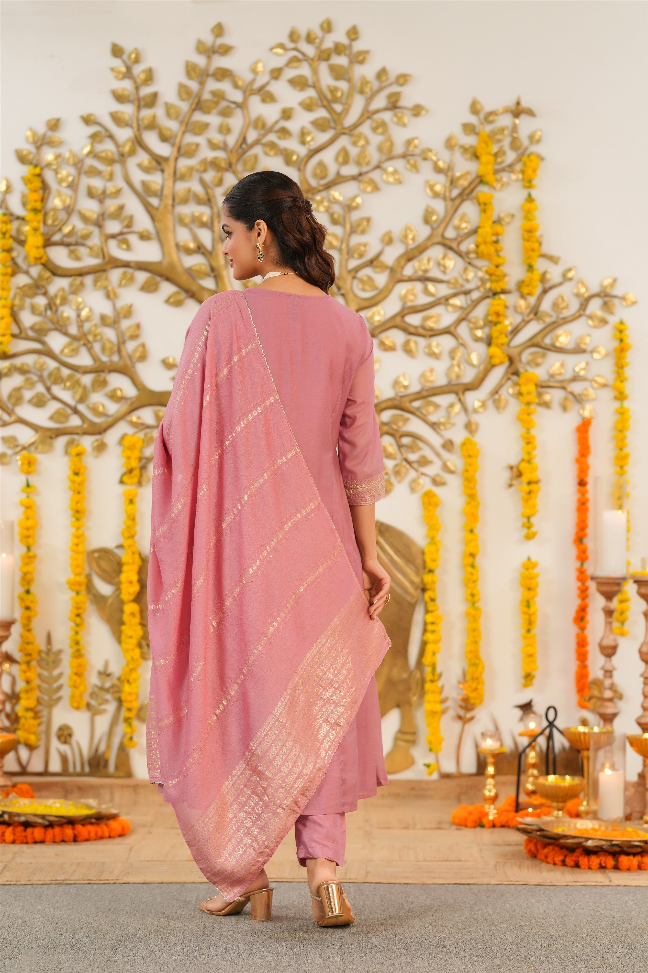 Mauve Mul Chanderi Dori Embroidered Anarkali Suit Set