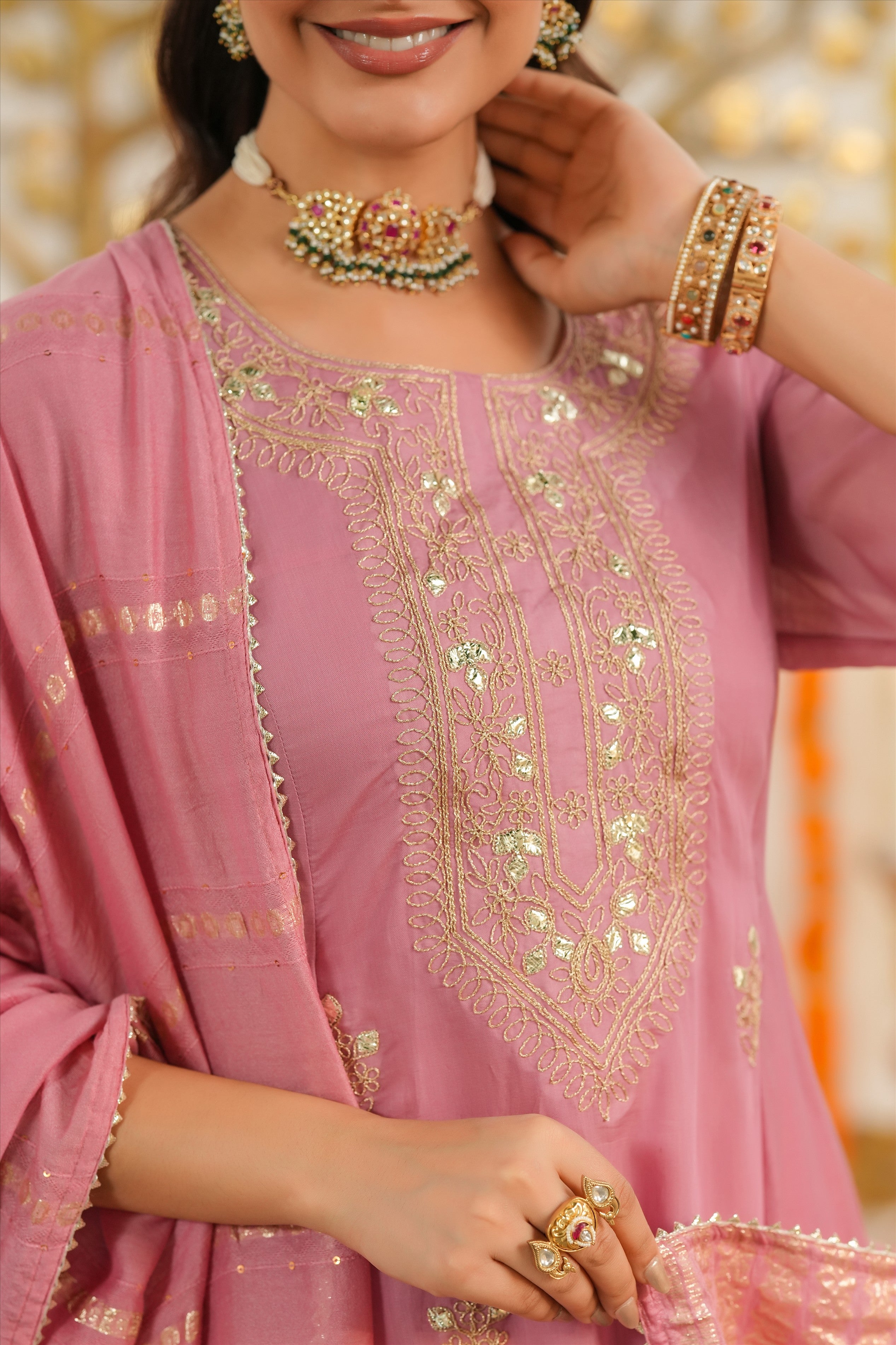 Mauve Mul Chanderi Dori Embroidered Anarkali Suit Set