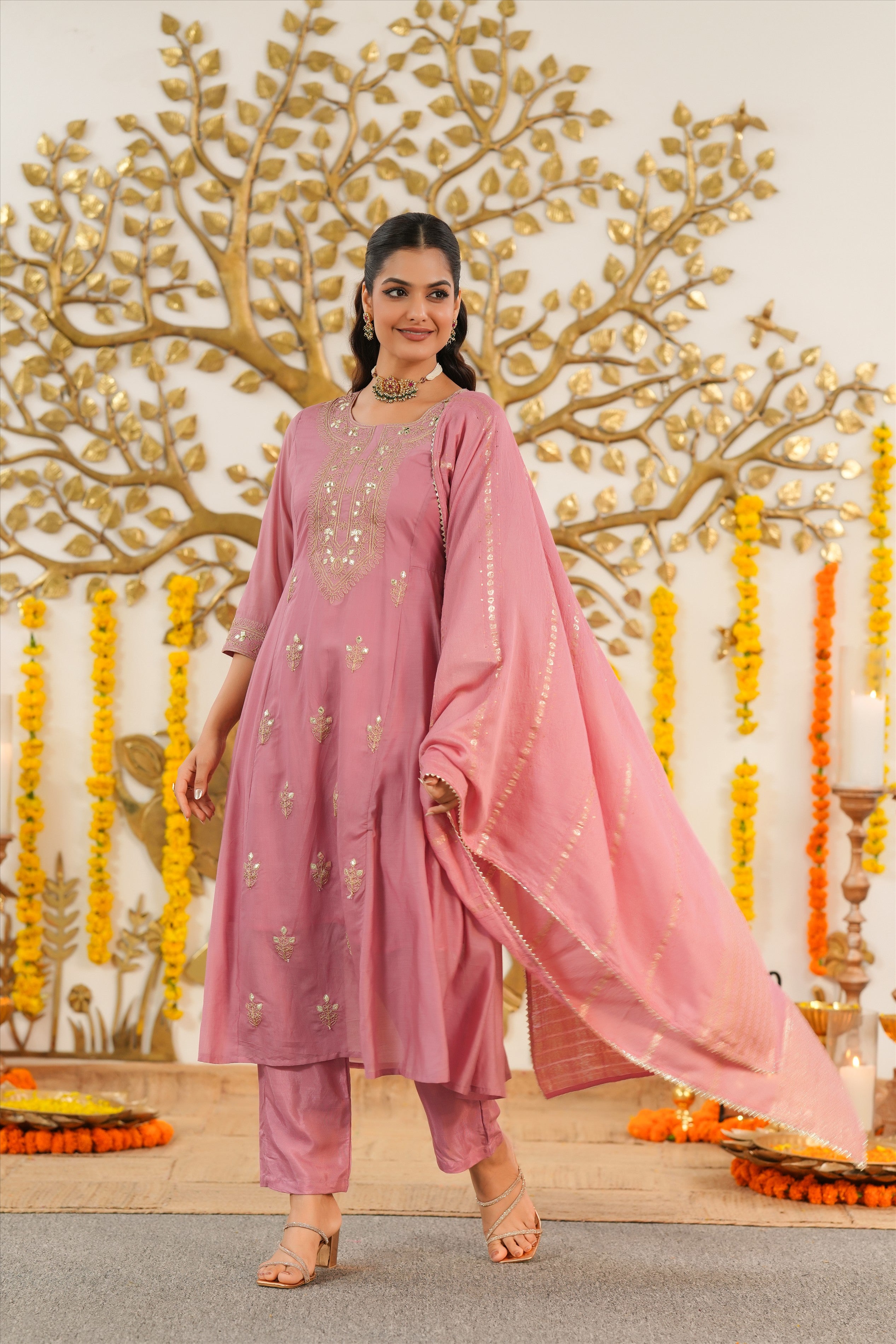 Mauve Mul Chanderi Dori Embroidered Anarkali Suit Set