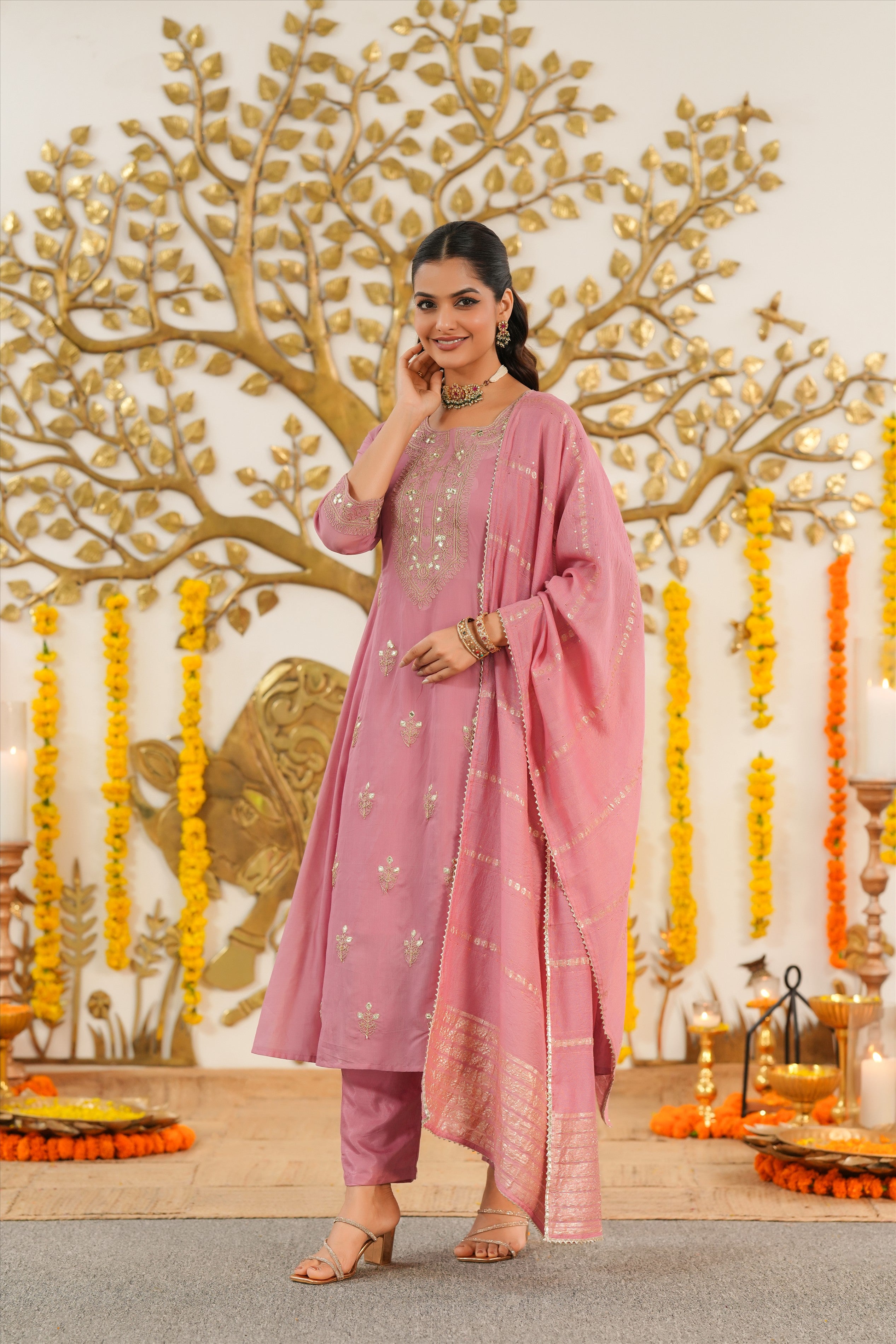 Mauve Mul Chanderi Dori Embroidered Anarkali Suit Set