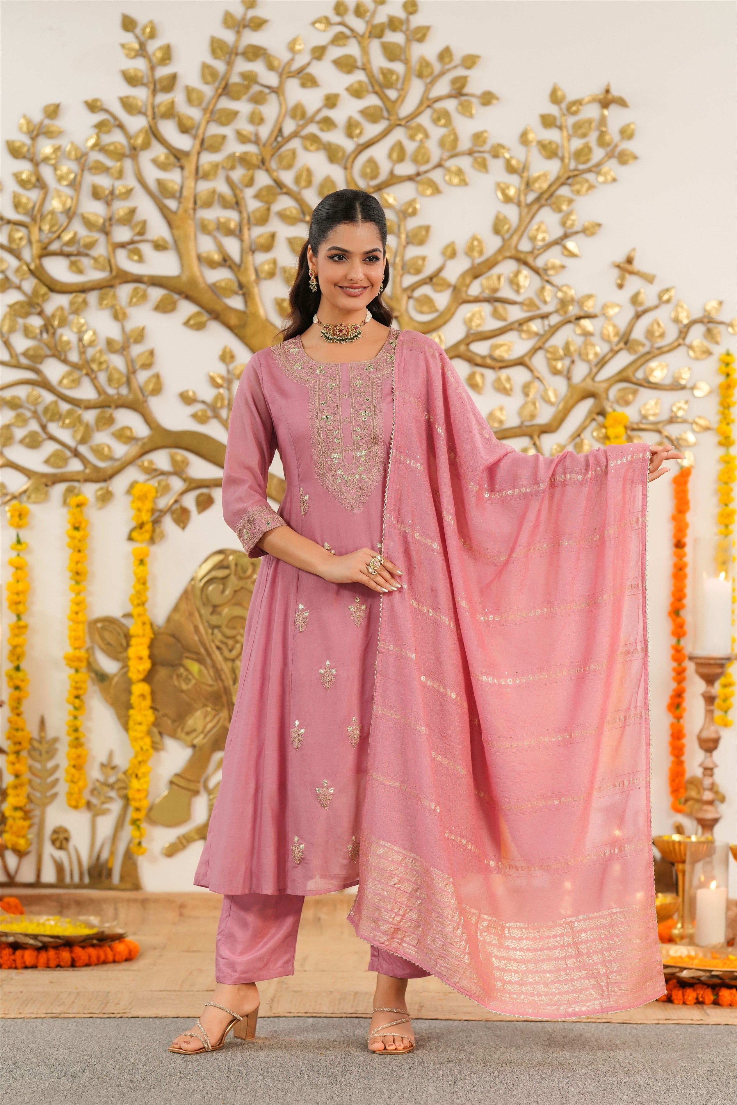 Mauve Mul Chanderi Dori Embroidered Anarkali Suit Set
