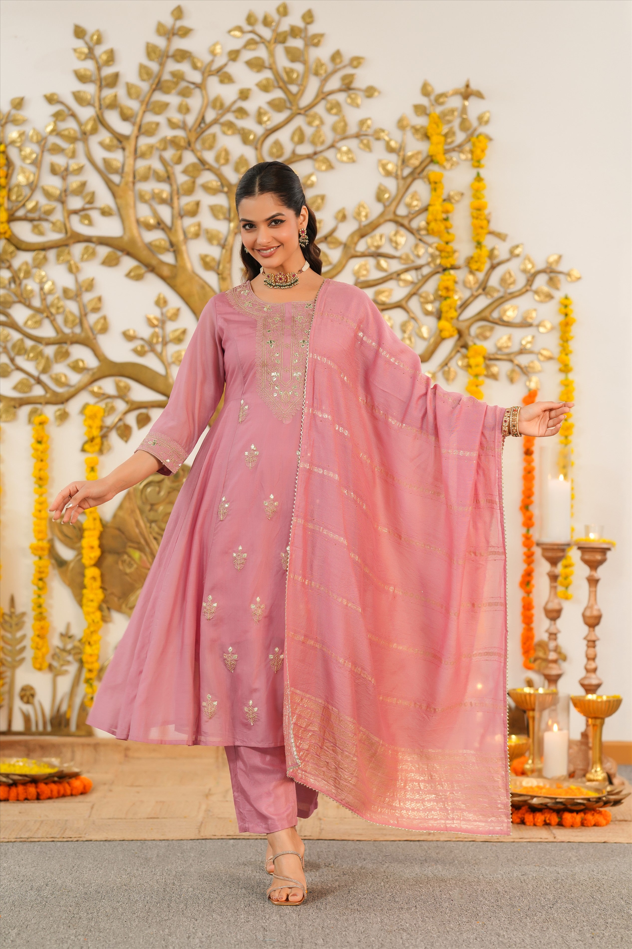 Mauve Mul Chanderi Dori Embroidered Anarkali Suit Set