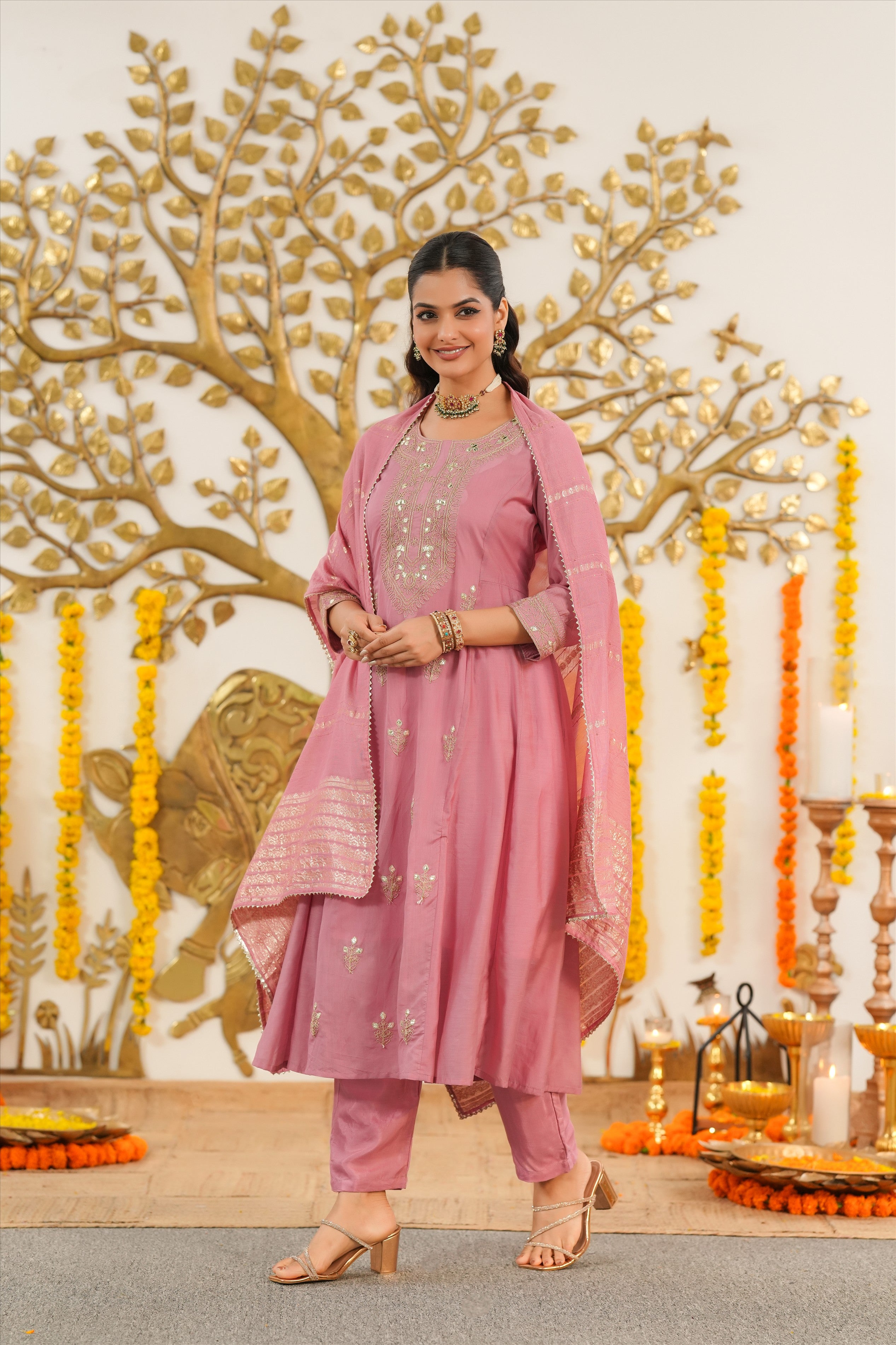 Mauve Mul Chanderi Dori Embroidered Anarkali Suit Set