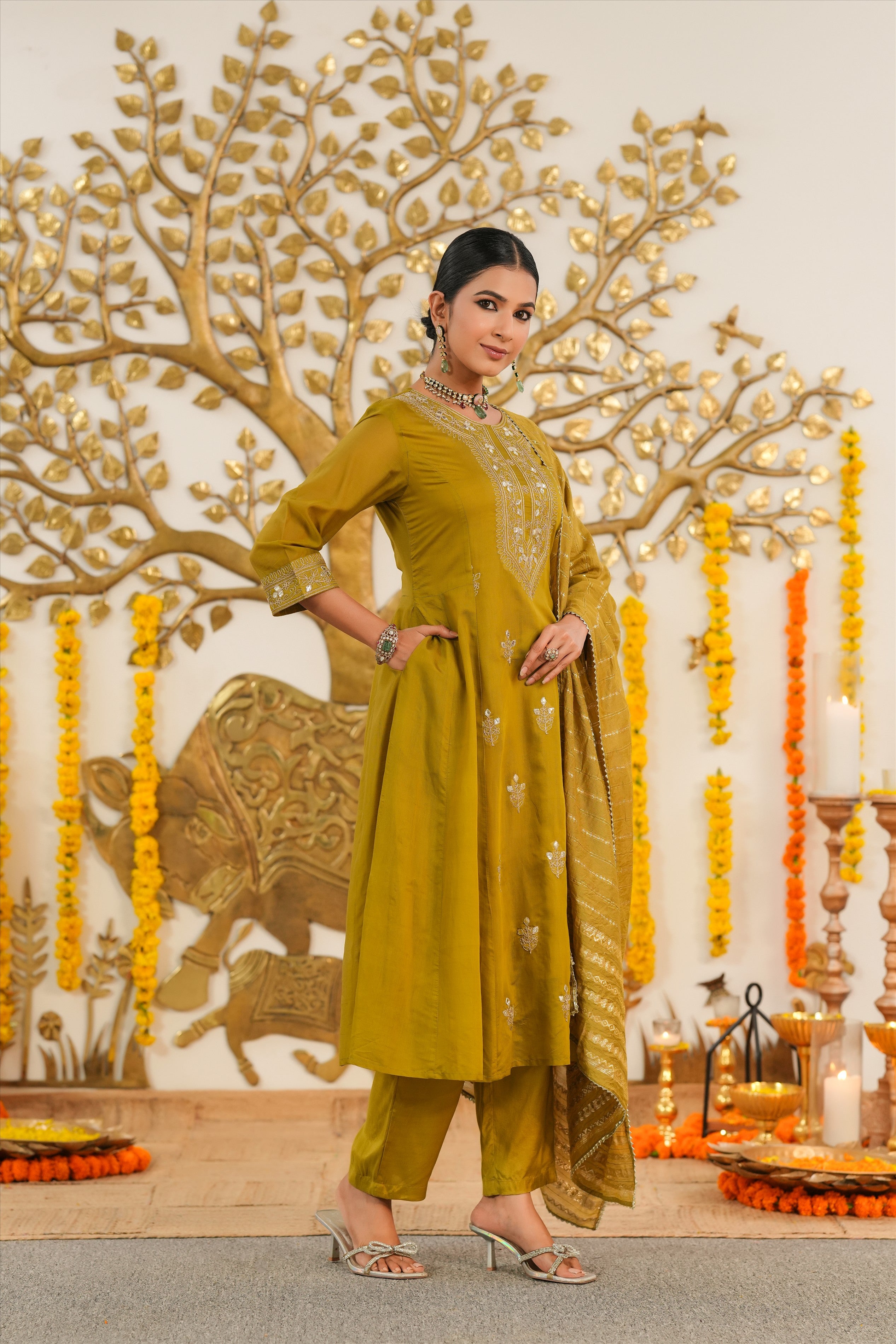 Olive Mul Chanderi Dori Embroidered Anarkali Suit Set