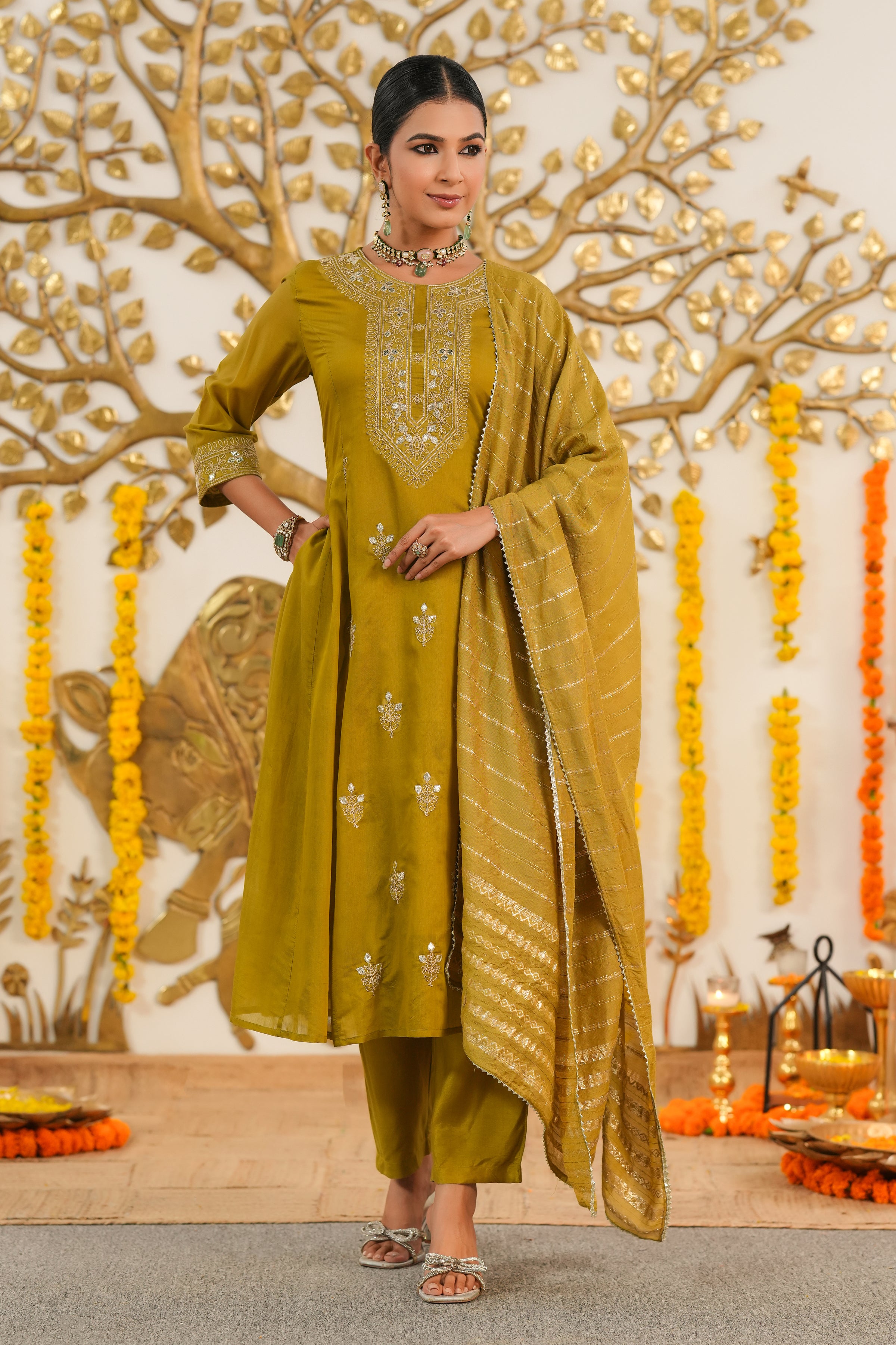 Olive Mul Chanderi Dori Embroidered Anarkali Suit Set