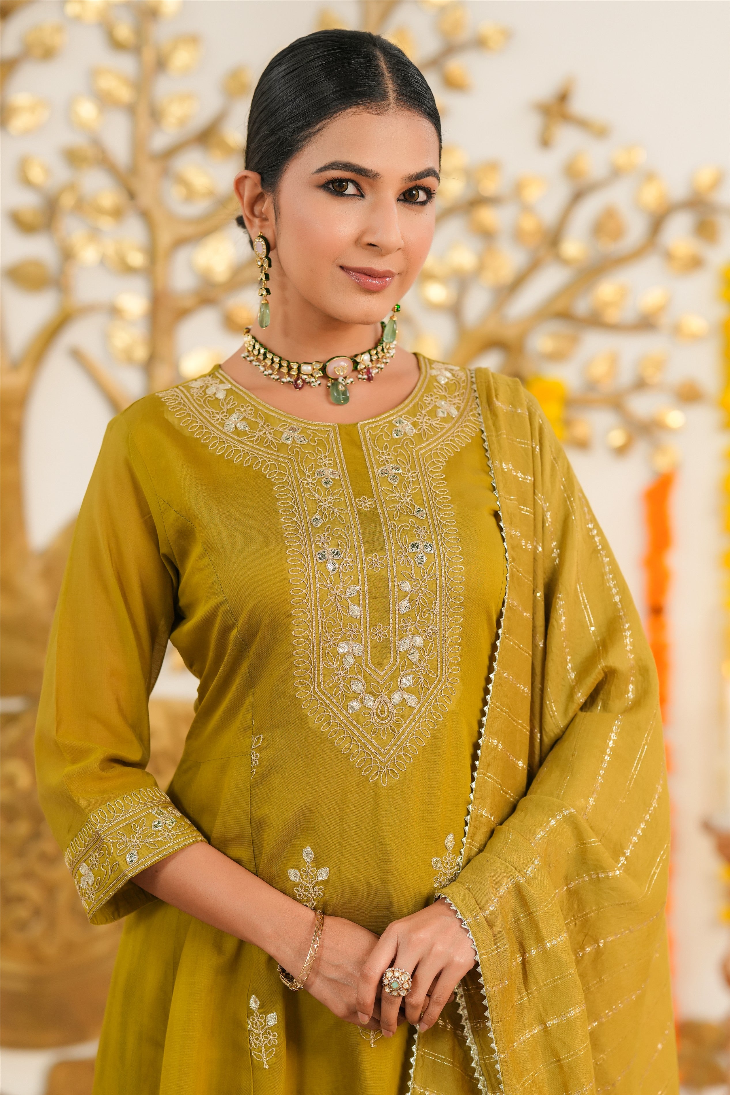 Olive Mul Chanderi Dori Embroidered Anarkali Suit Set