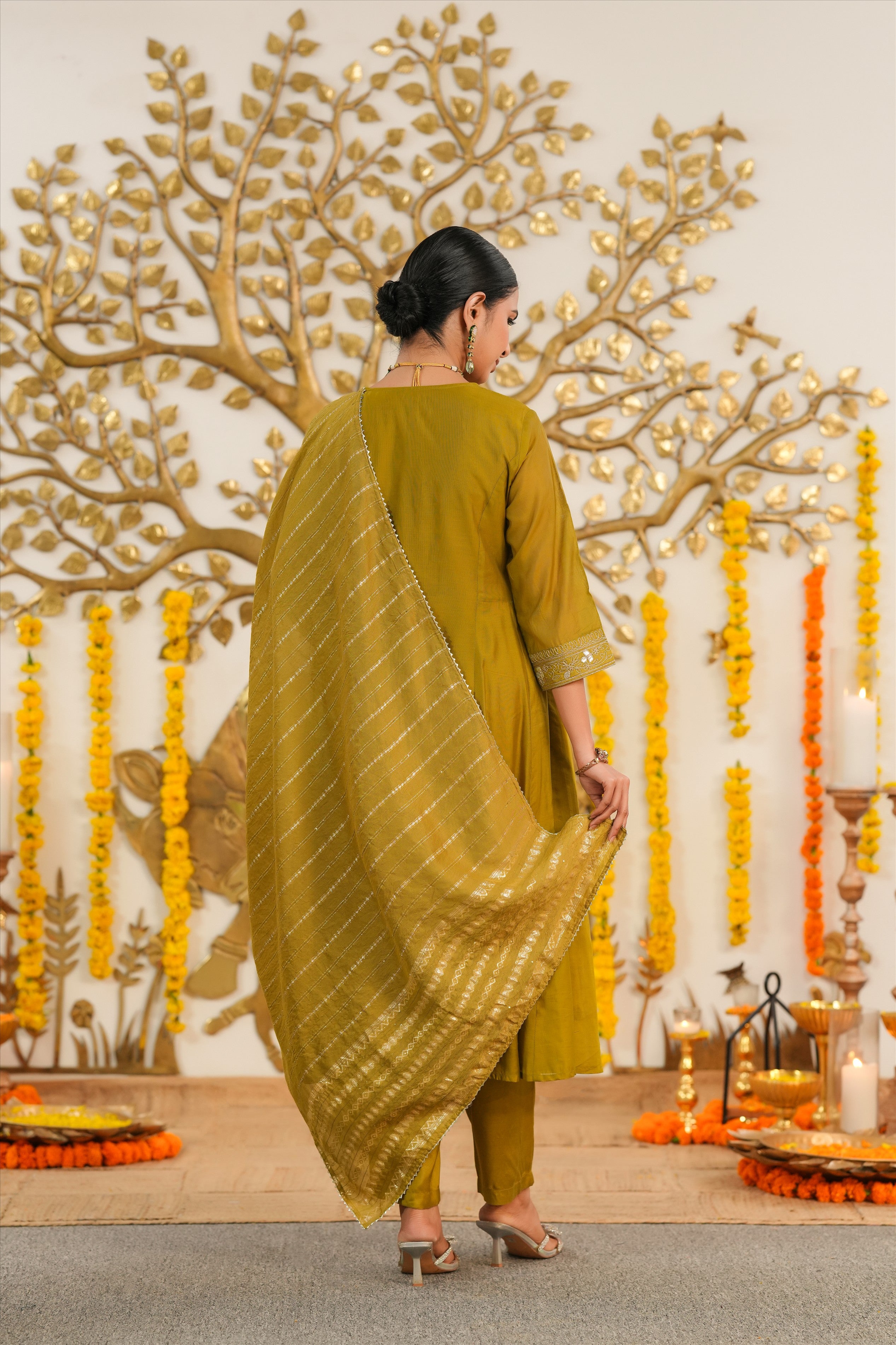 Olive Mul Chanderi Dori Embroidered Anarkali Suit Set