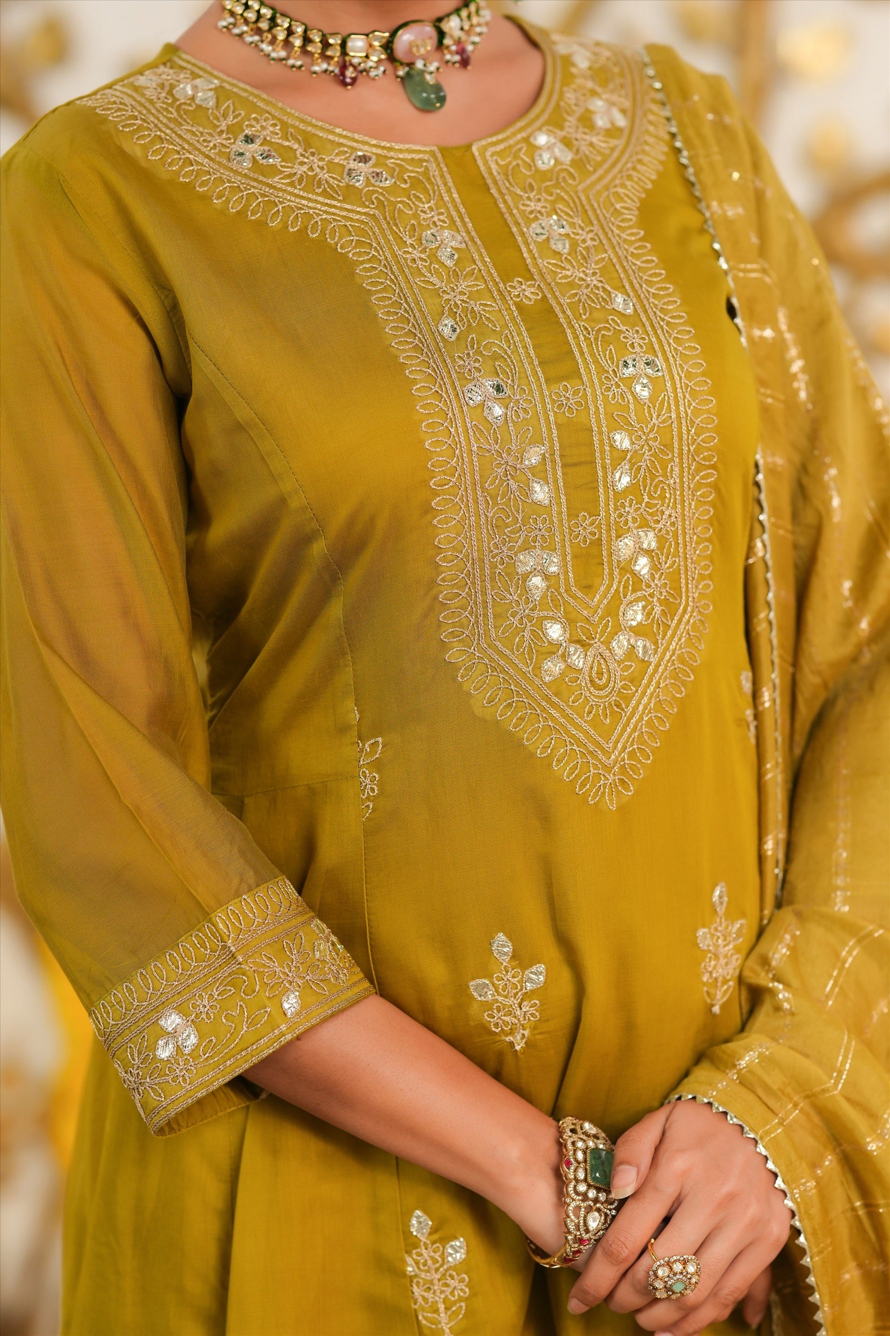 Olive Mul Chanderi Dori Embroidered Anarkali Suit Set