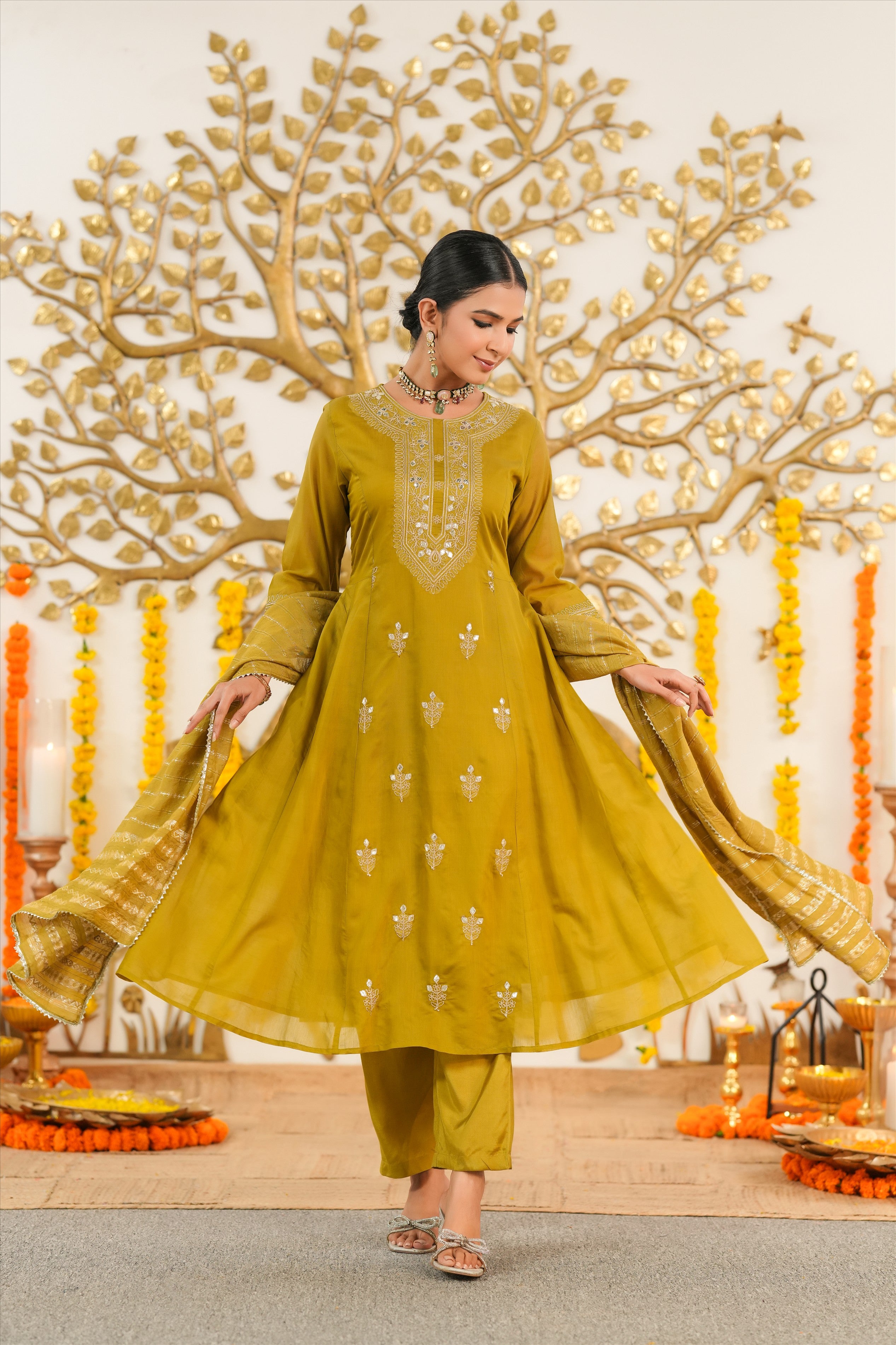 Olive Mul Chanderi Dori Embroidered Anarkali Suit Set