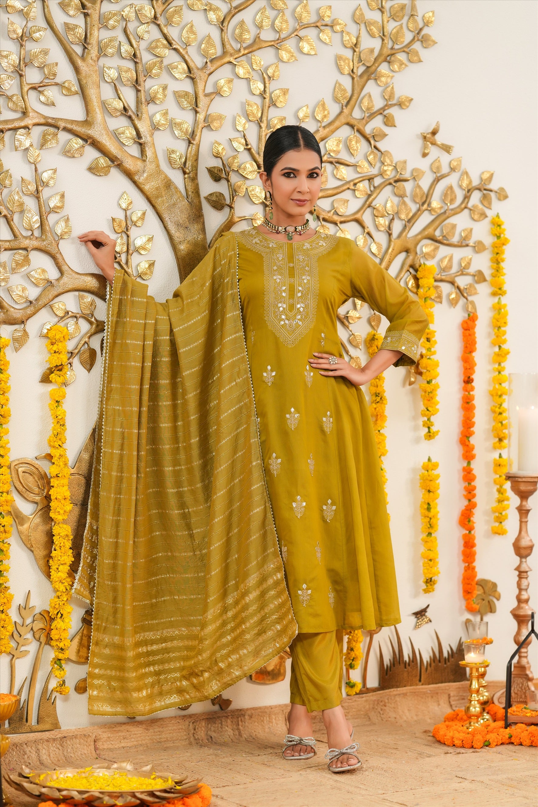 Olive Mul Chanderi Dori Embroidered Anarkali Suit Set