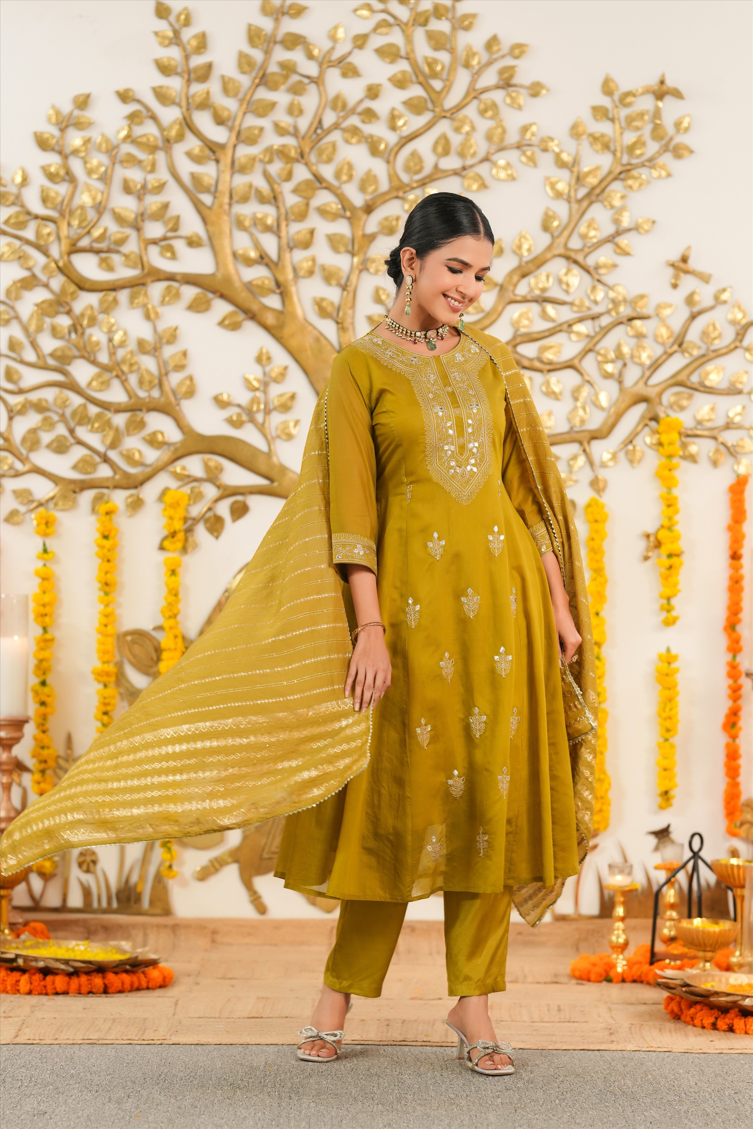 Olive Mul Chanderi Dori Embroidered Anarkali Suit Set