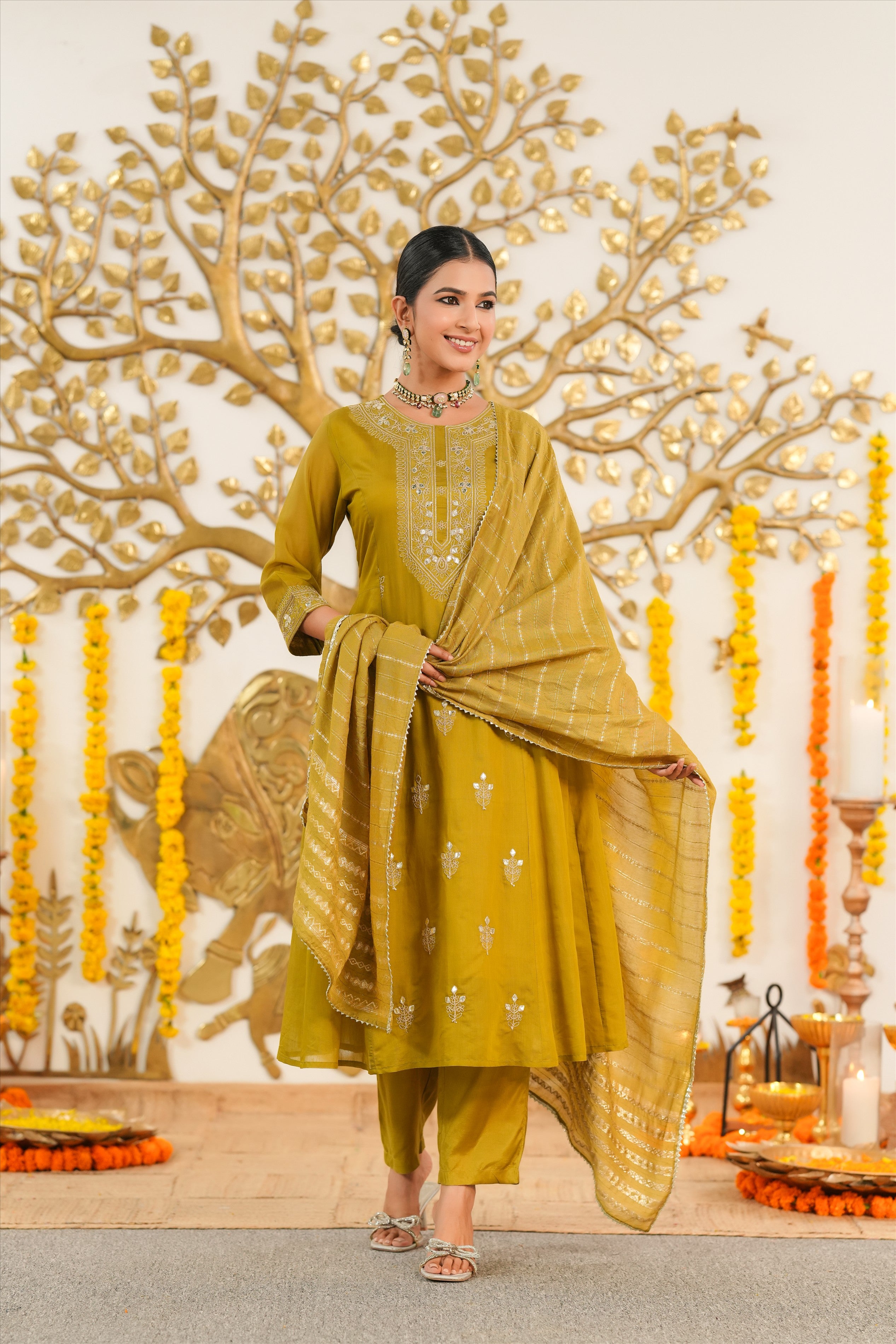 Olive Mul Chanderi Dori Embroidered Anarkali Suit Set