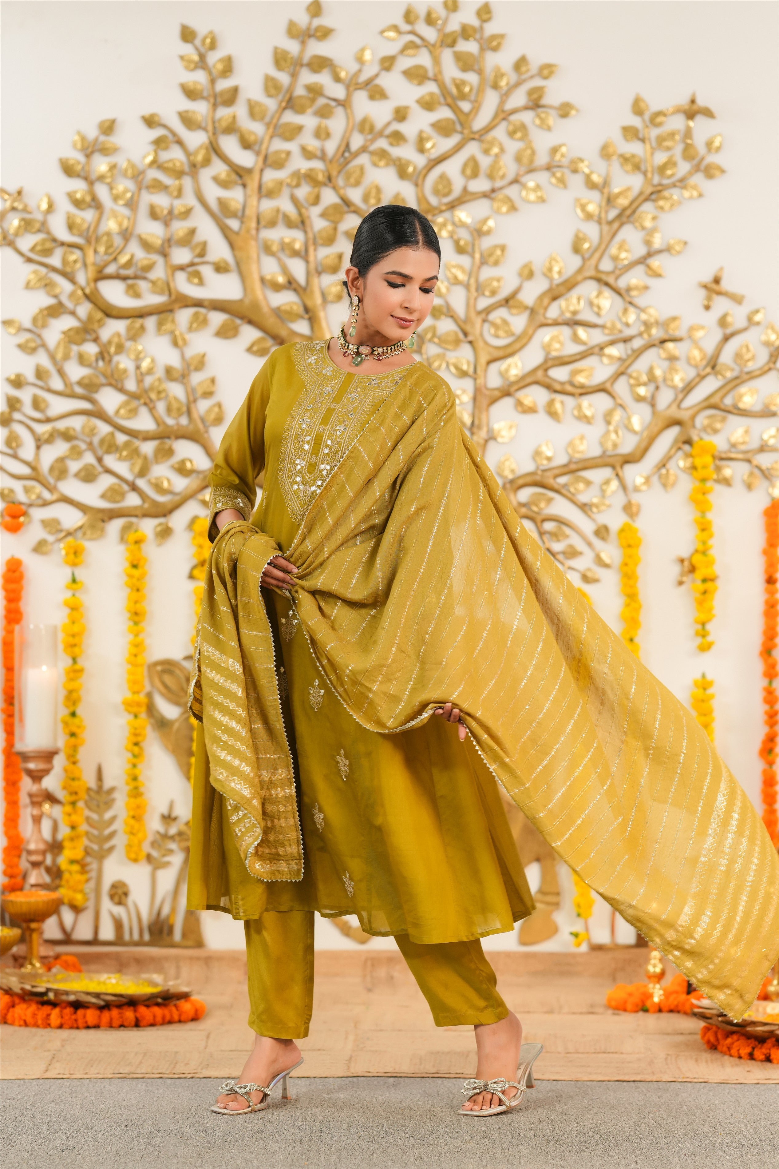 Olive Mul Chanderi Dori Embroidered Anarkali Suit Set