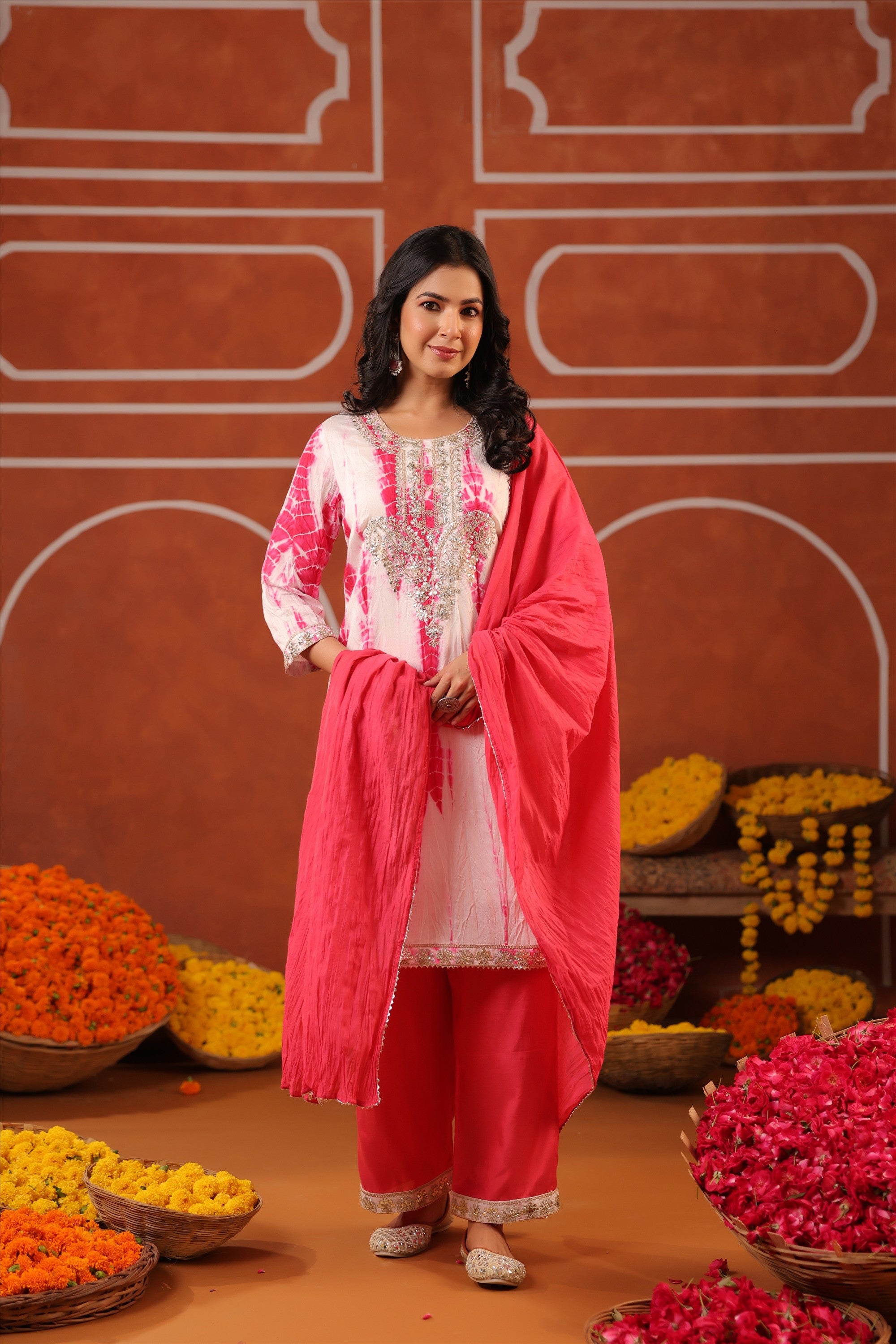 Fuchsia Shibori Chanderi Silk Embroidered Straight Suit Set