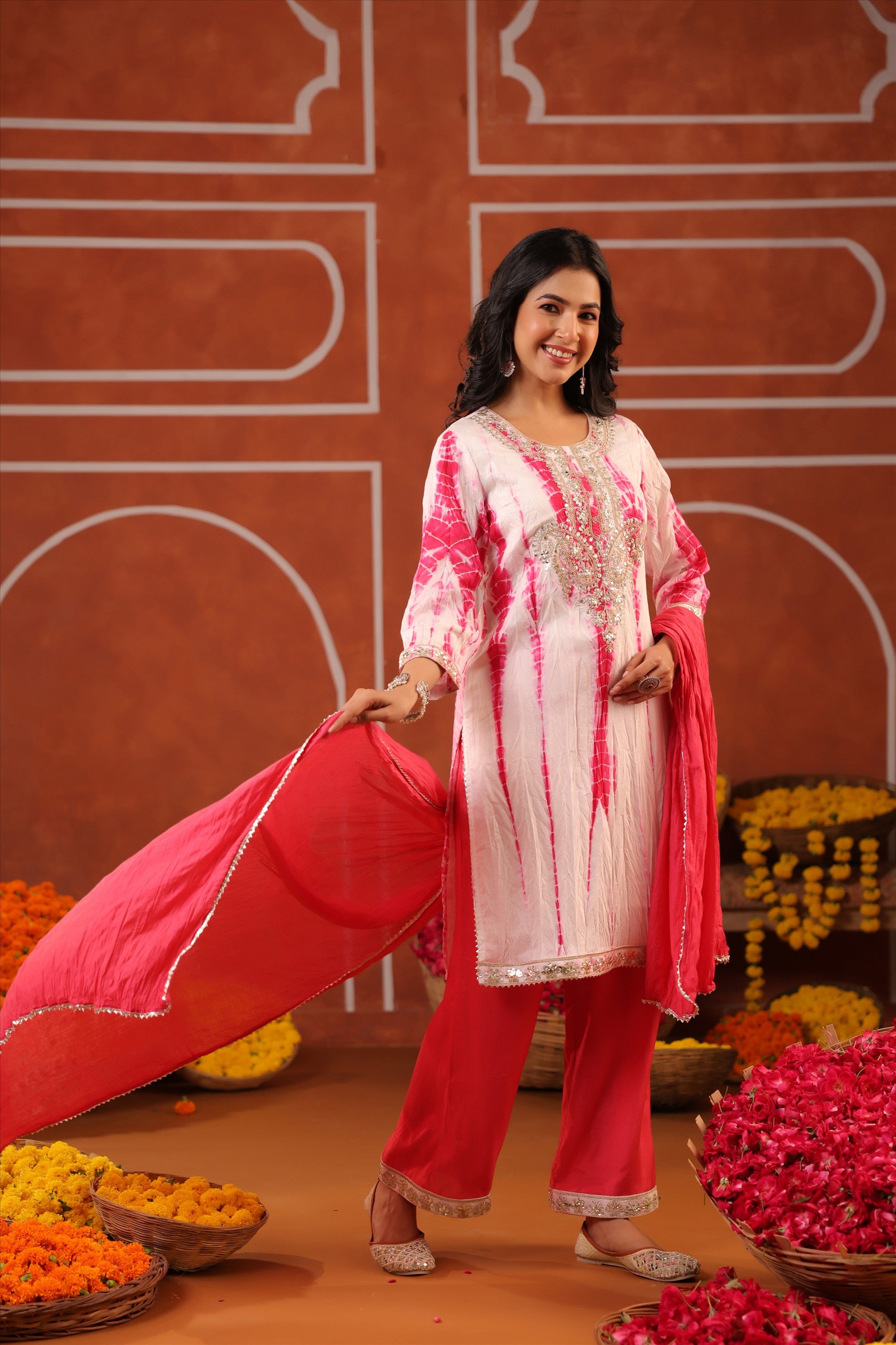 Fuchsia Shibori Chanderi Silk Embroidered Straight Suit Set