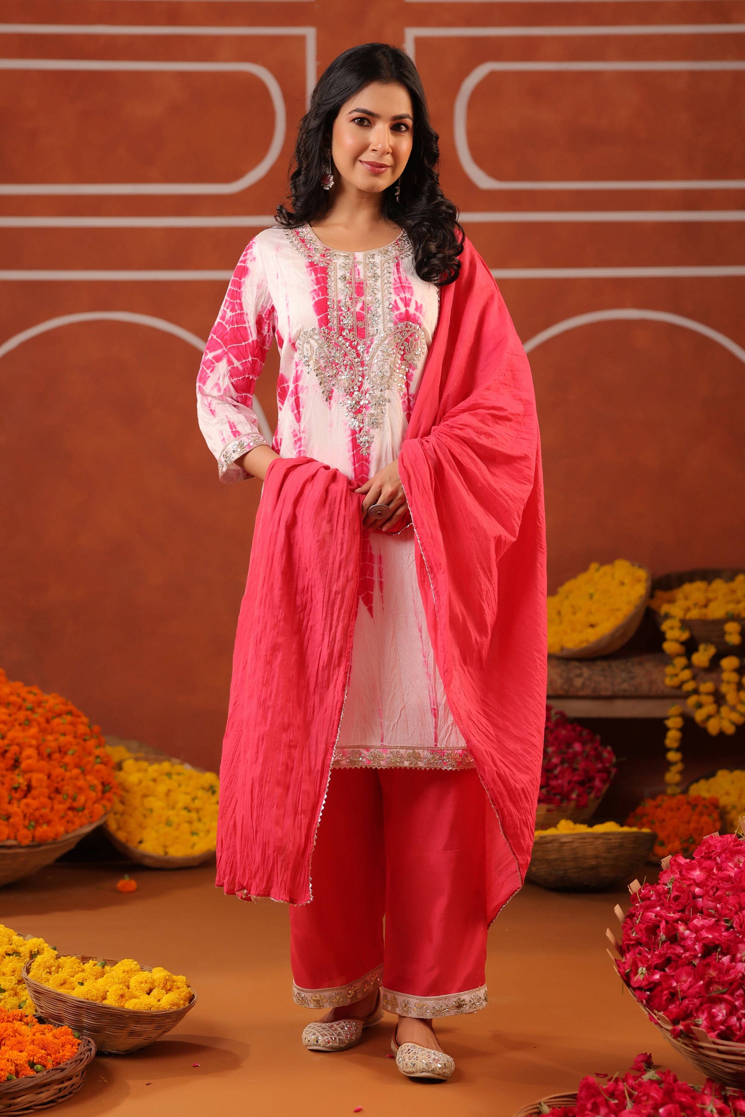 Fuchsia Shibori Chanderi Silk Embroidered Straight Suit Set