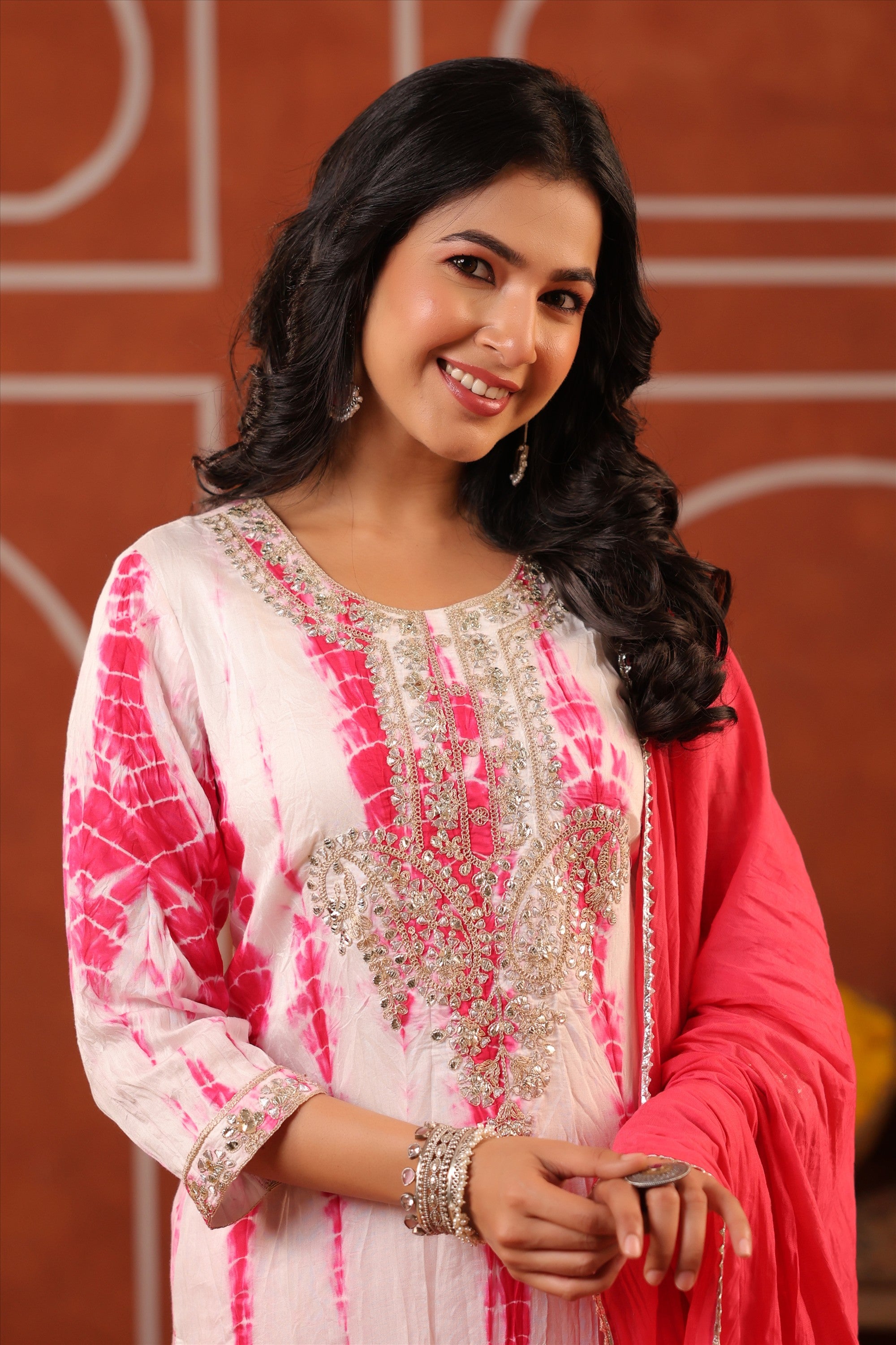 Fuchsia Shibori Chanderi Silk Embroidered Straight Suit Set