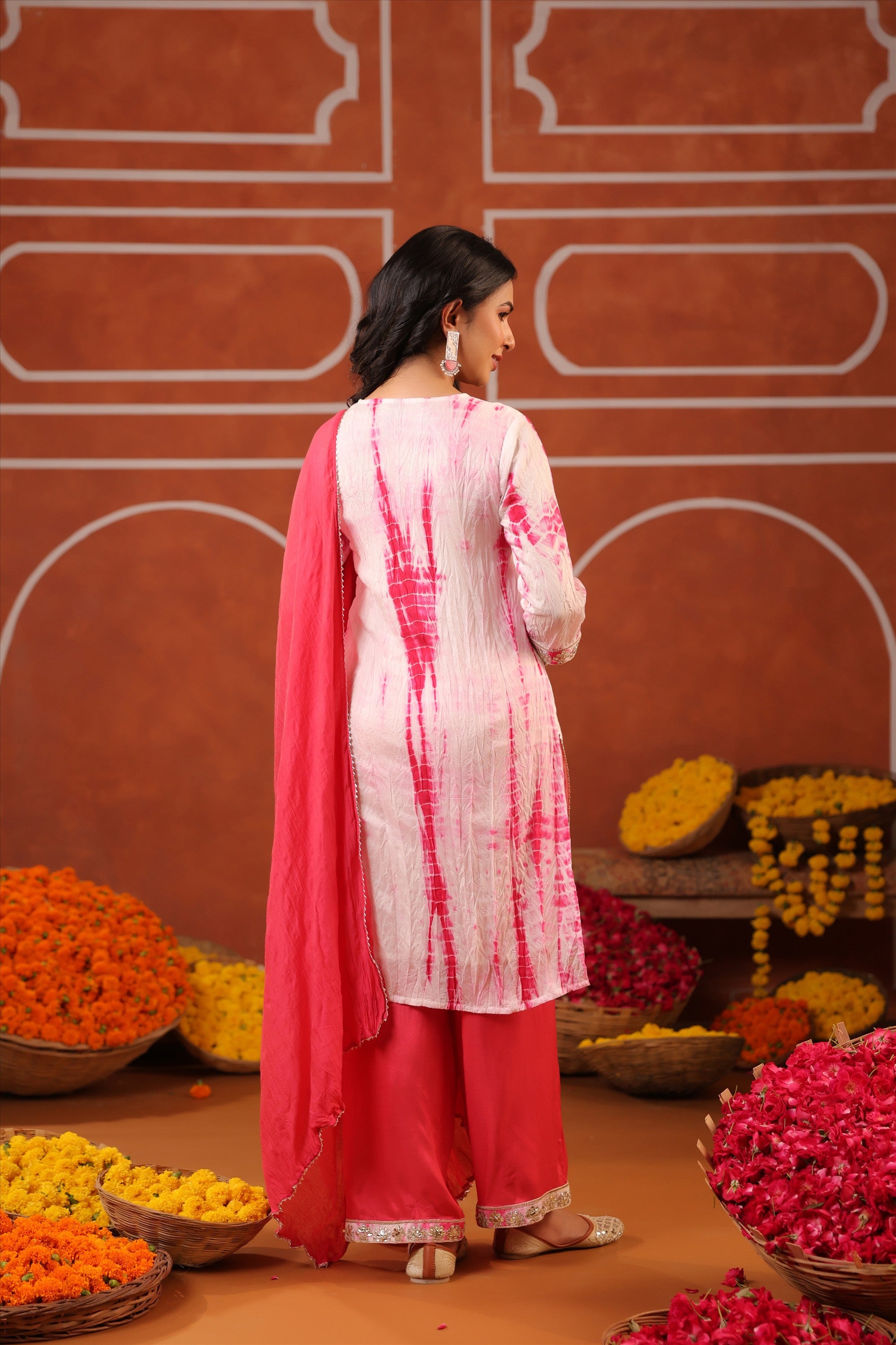 Fuchsia Shibori Chanderi Silk Embroidered Straight Suit Set