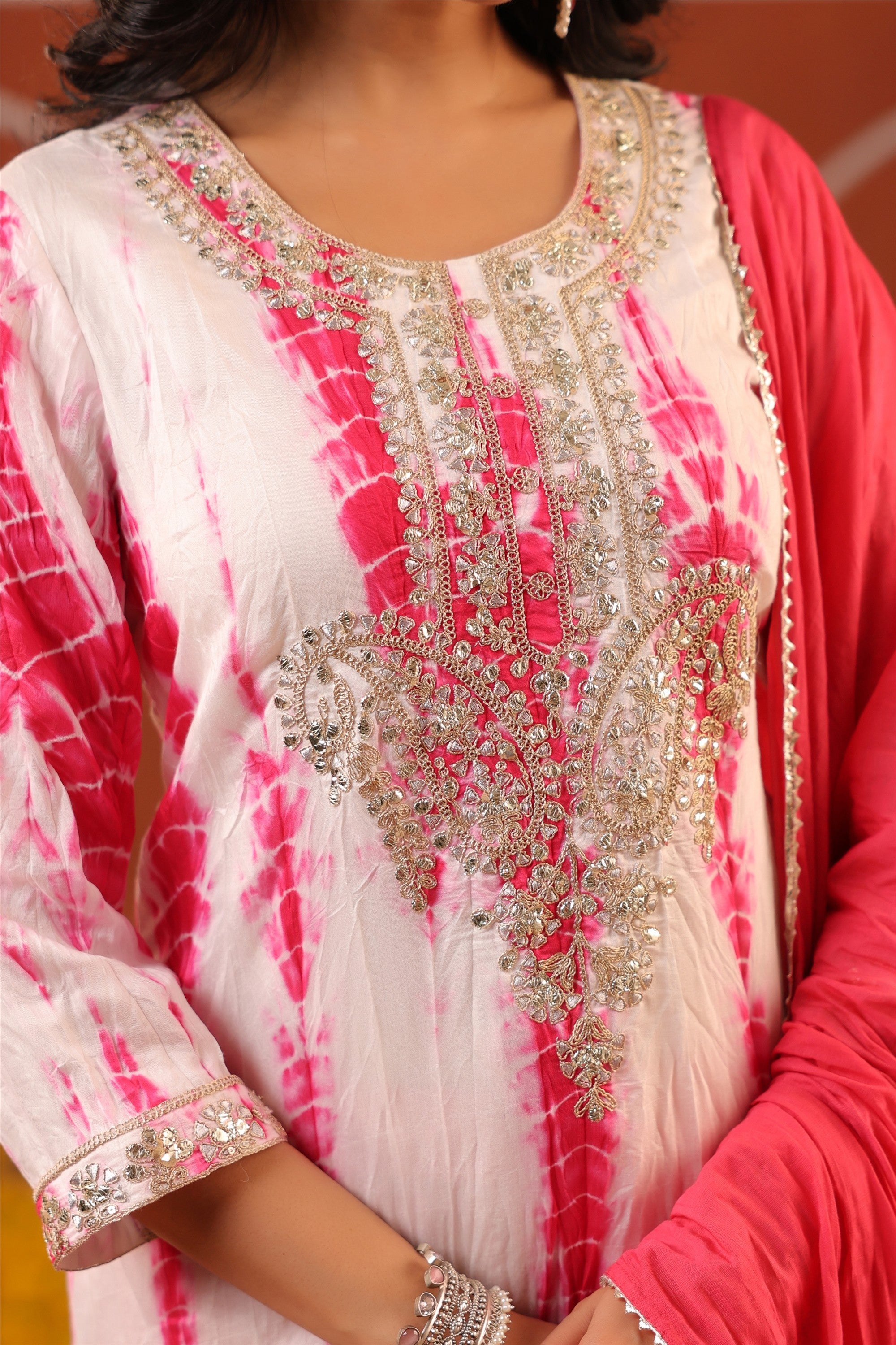 Fuchsia Shibori Chanderi Silk Embroidered Straight Suit Set