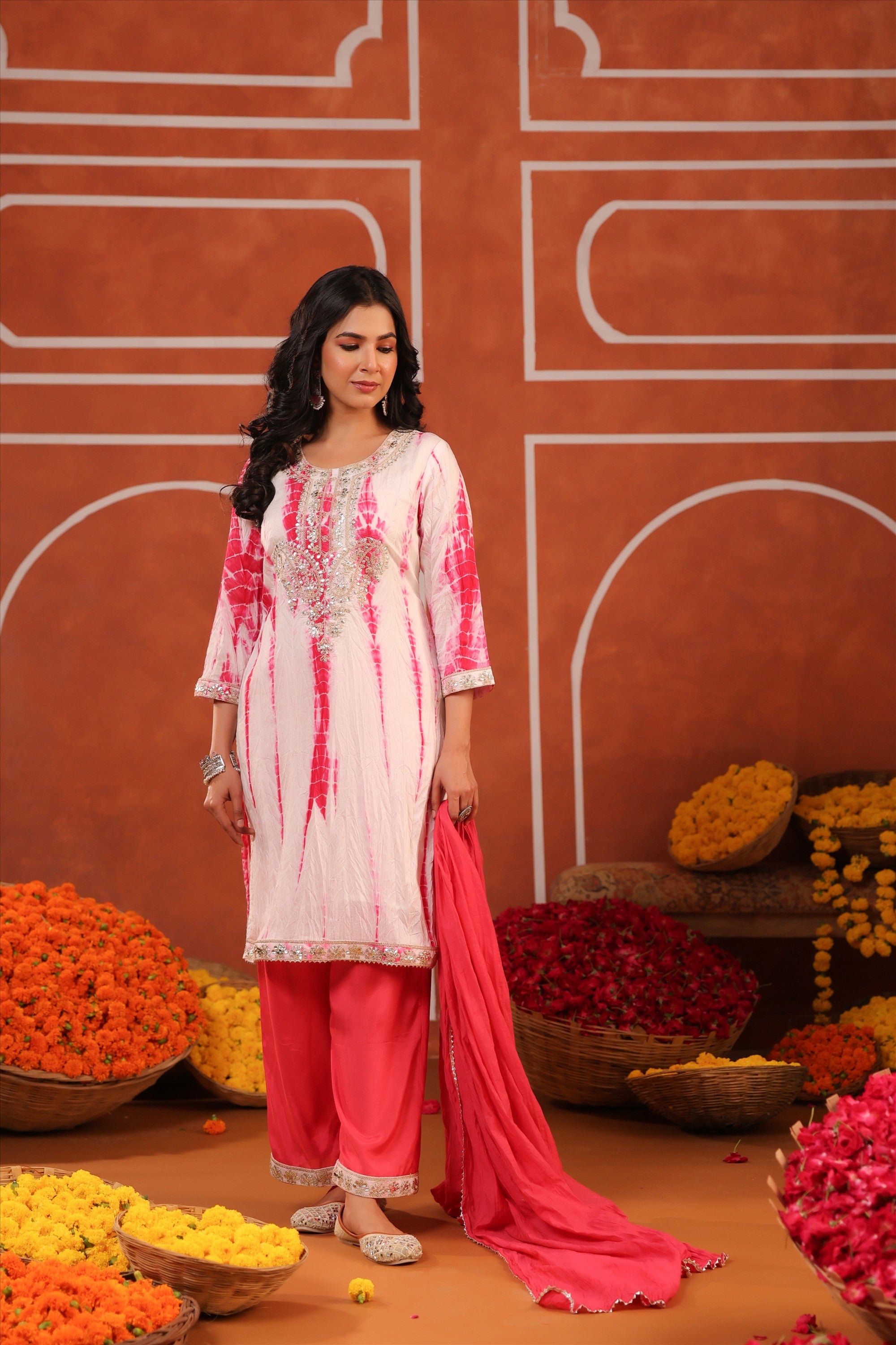 Fuchsia Shibori Chanderi Silk Embroidered Straight Suit Set