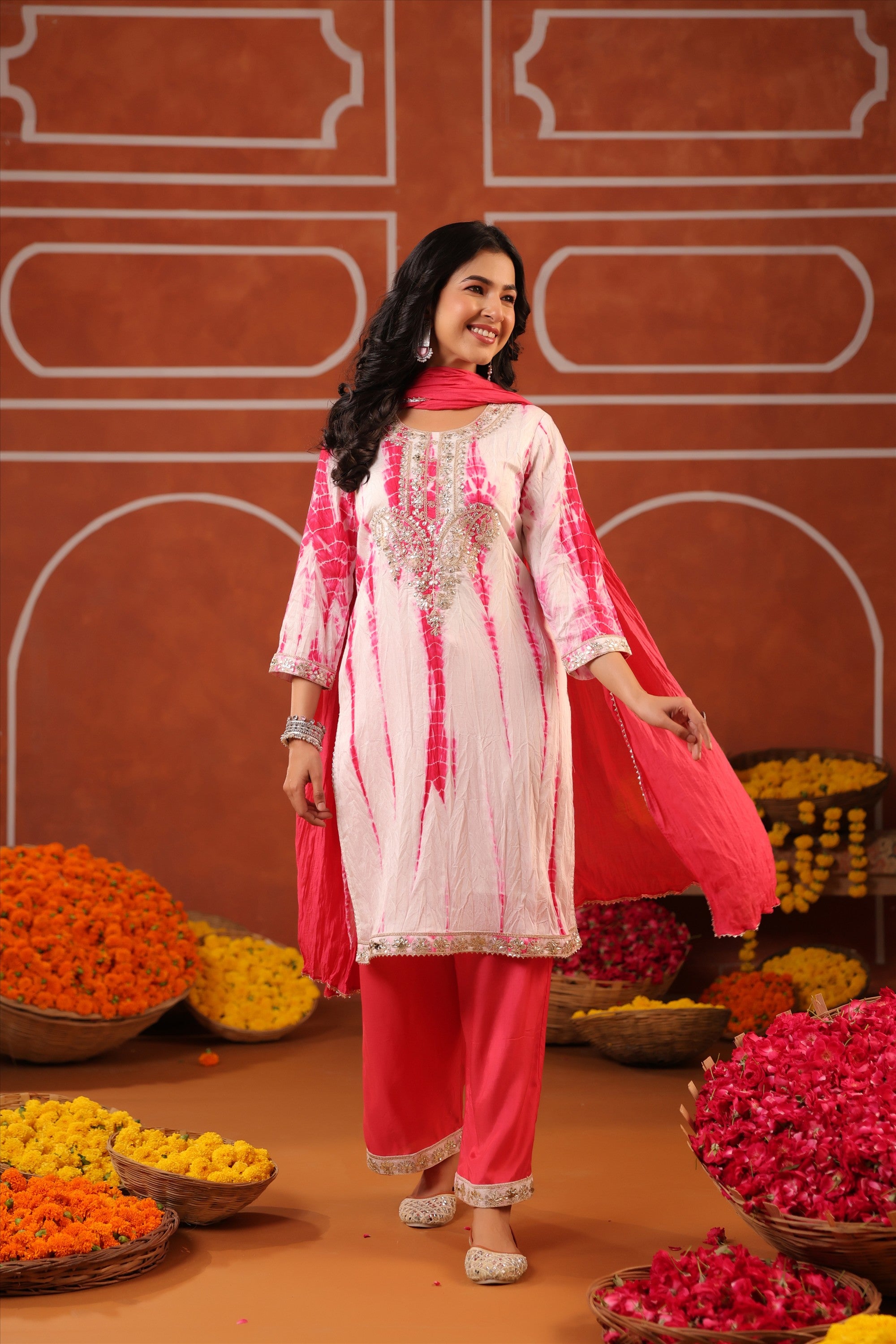 Fuchsia Shibori Chanderi Silk Embroidered Straight Suit Set