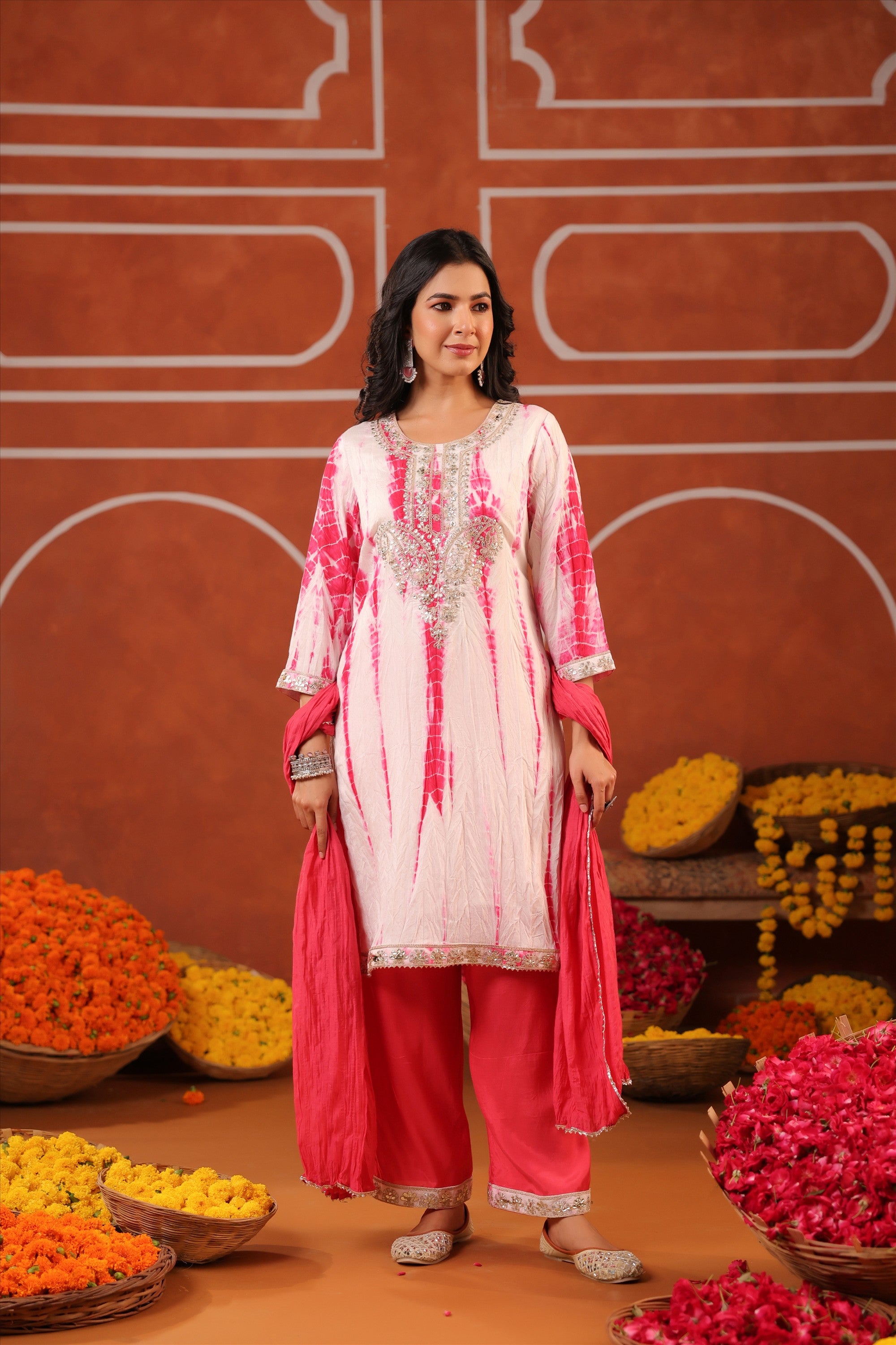 Fuchsia Shibori Chanderi Silk Embroidered Straight Suit Set