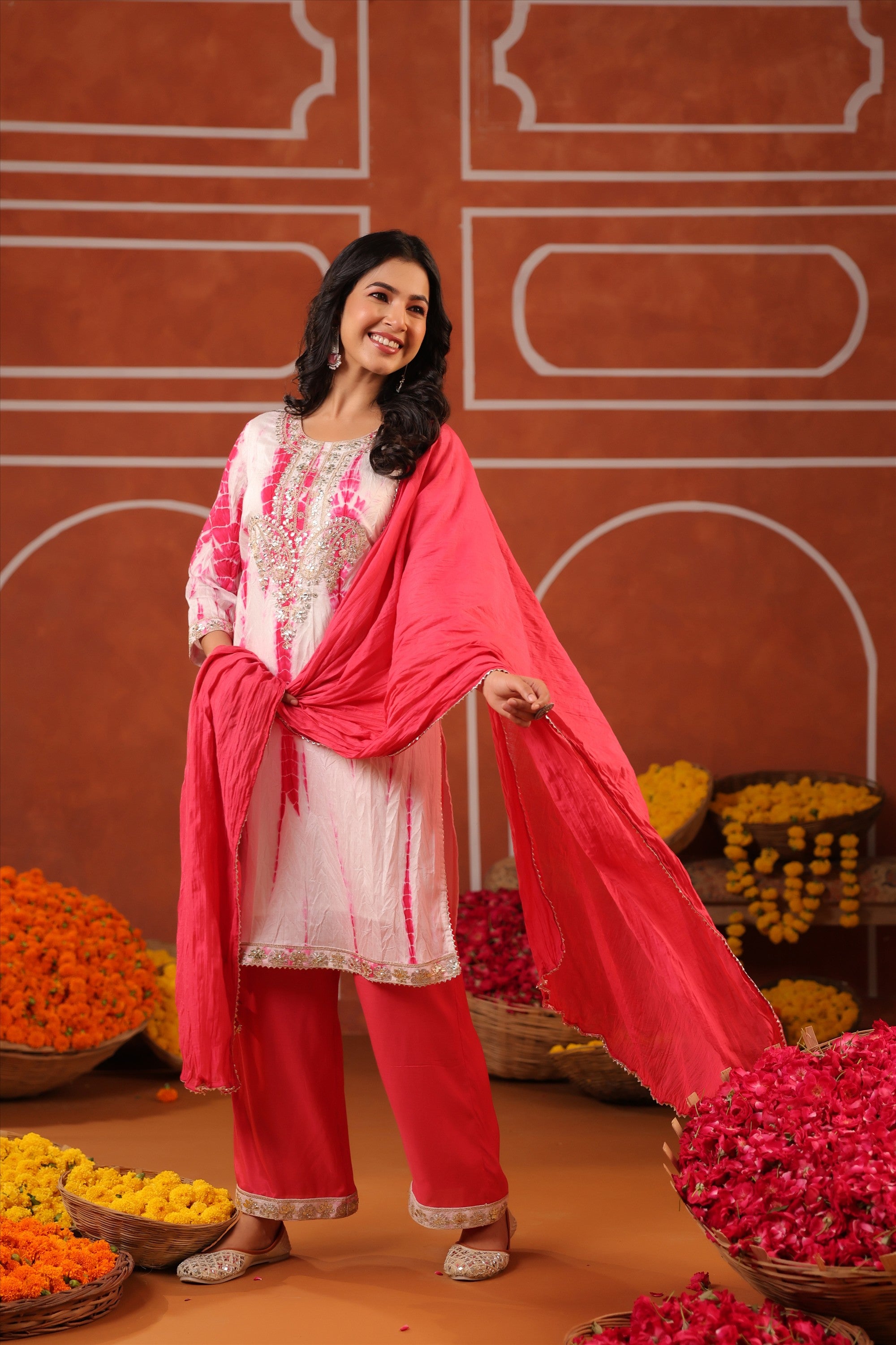 Fuchsia Shibori Chanderi Silk Embroidered Straight Suit Set