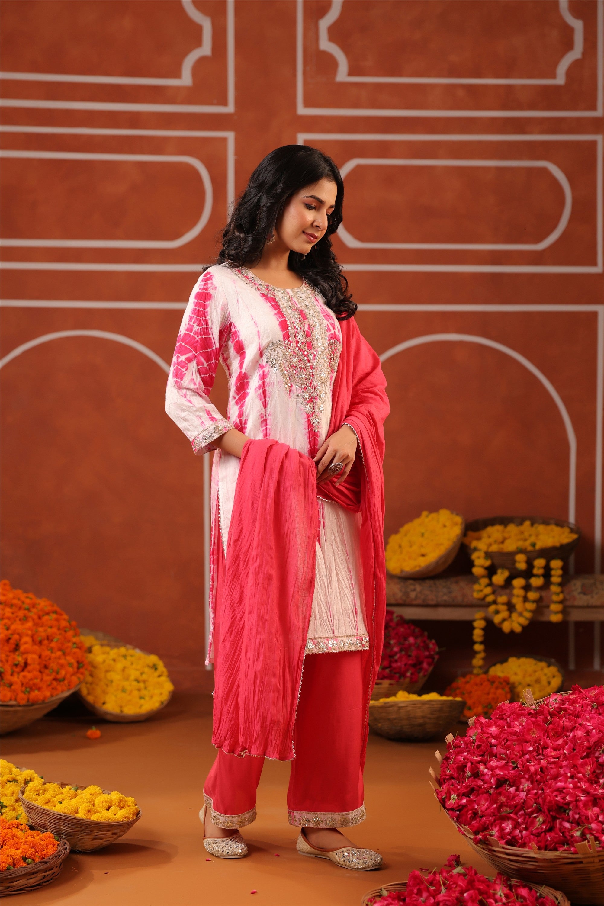 Fuchsia Shibori Chanderi Silk Embroidered Straight Suit Set