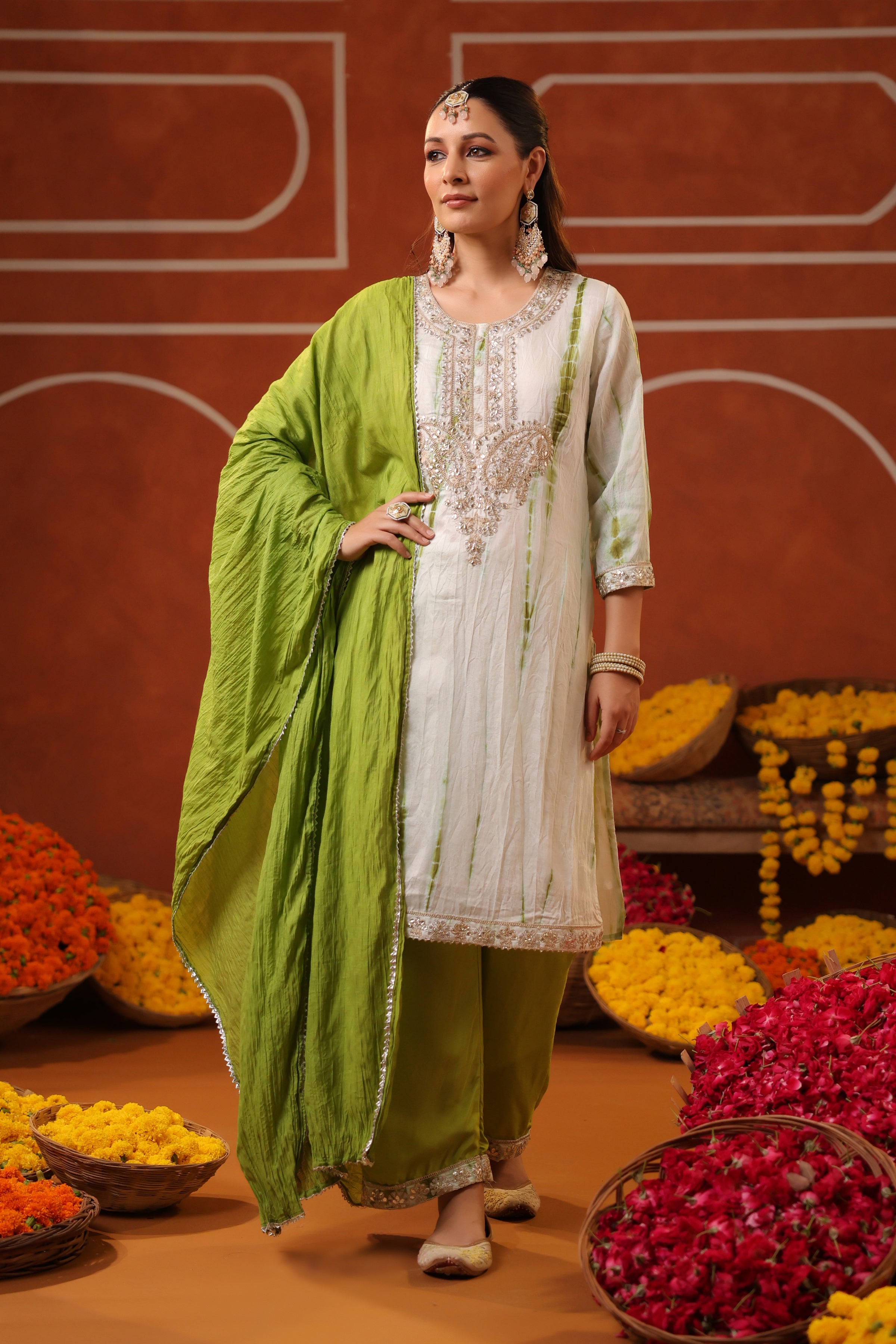 Green Shibori Chanderi Silk Embroidered Straight Suit Set