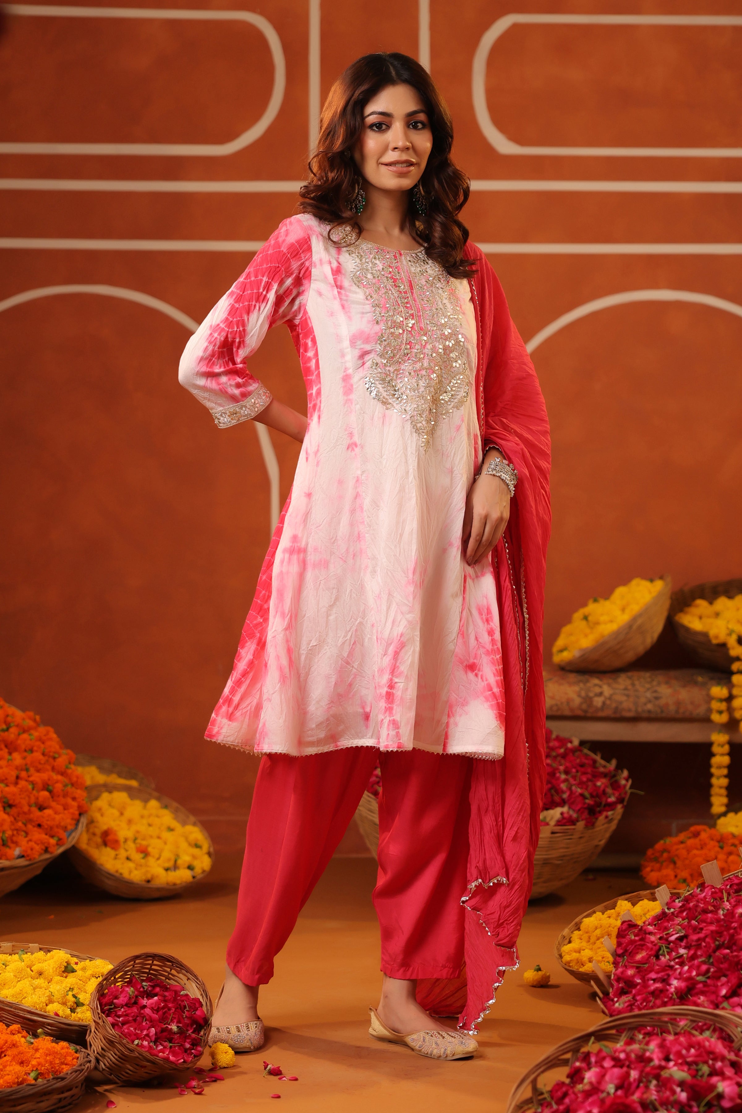 Fuchsia Shibori Chanderi Silk Zari Embroidered Anarkali Suit Set