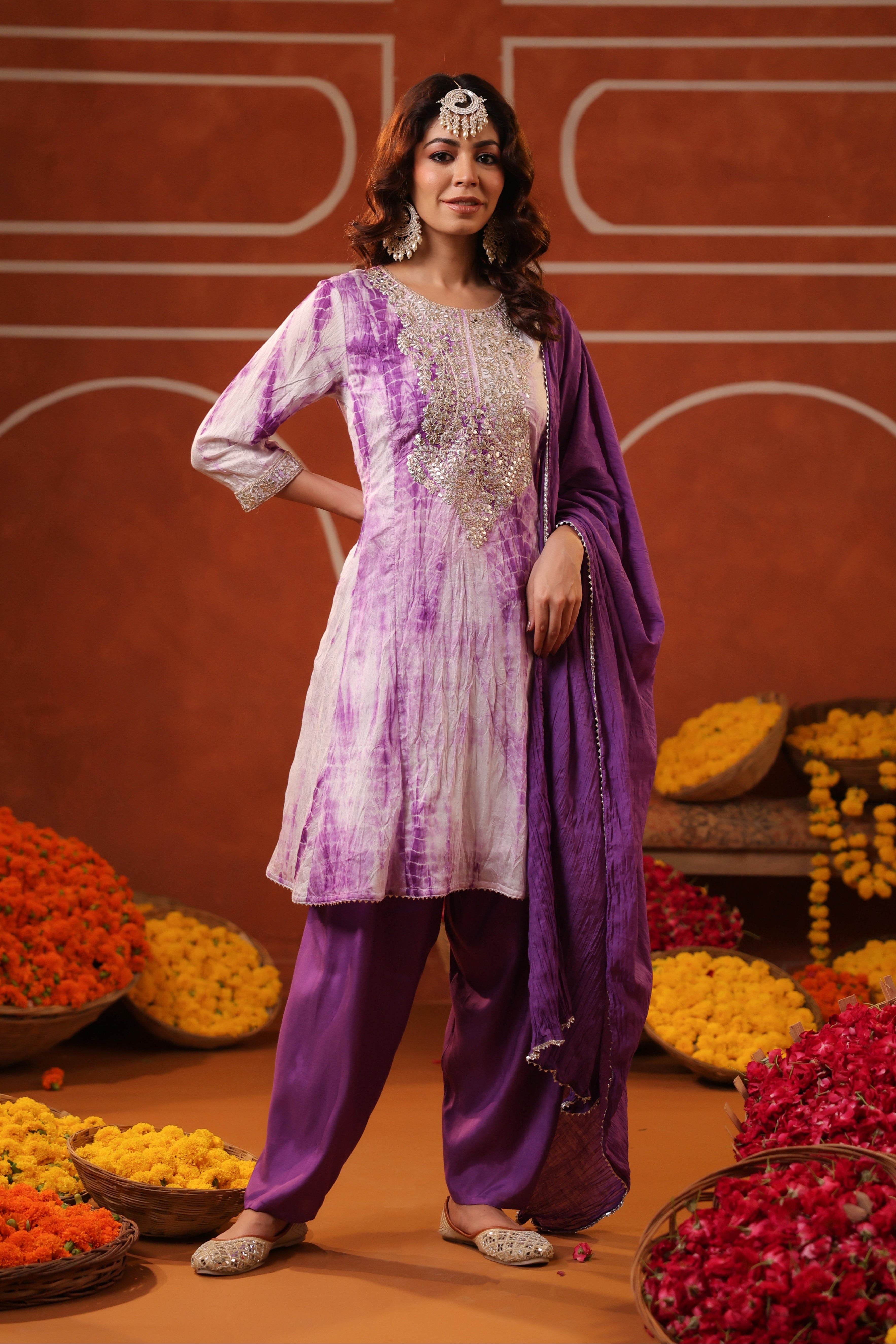 Purple Shibori Chanderi Silk Zari Embroidered Anarkali Suit Set