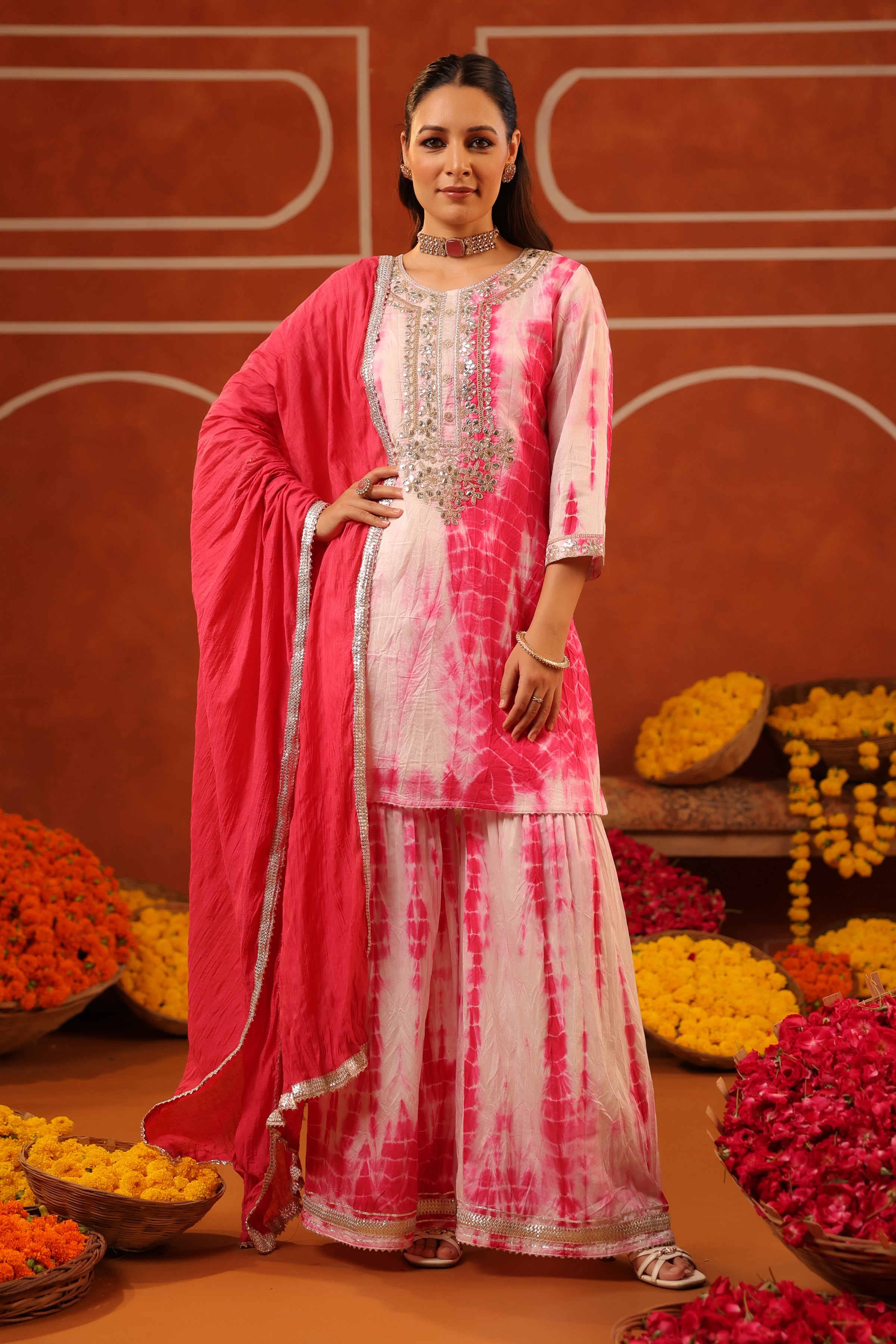 Fuchsia Shibori Chanderi Silk Embroidered Sharara Set