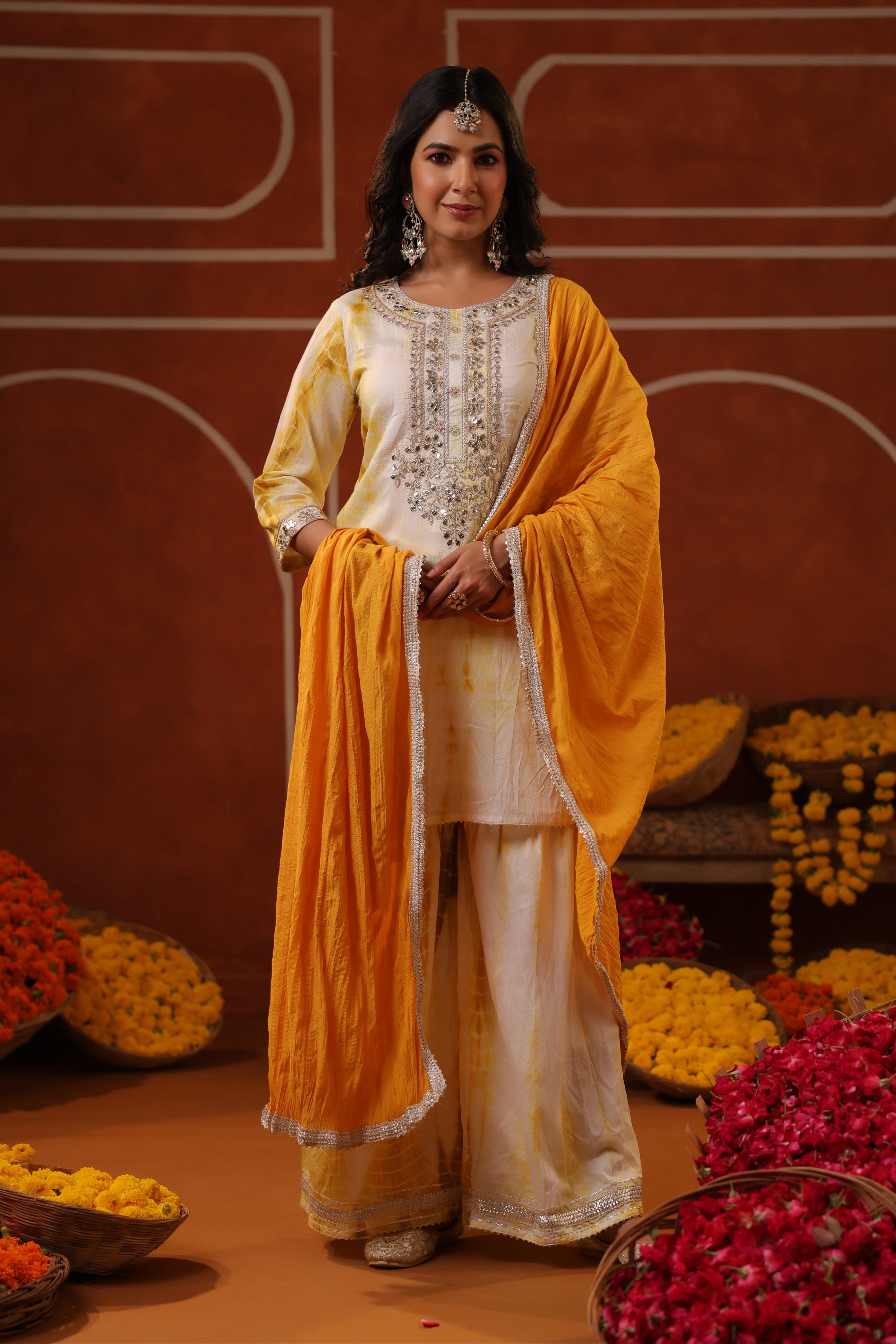 Mustard Shibori Chanderi Silk Embroidered Sharara Set