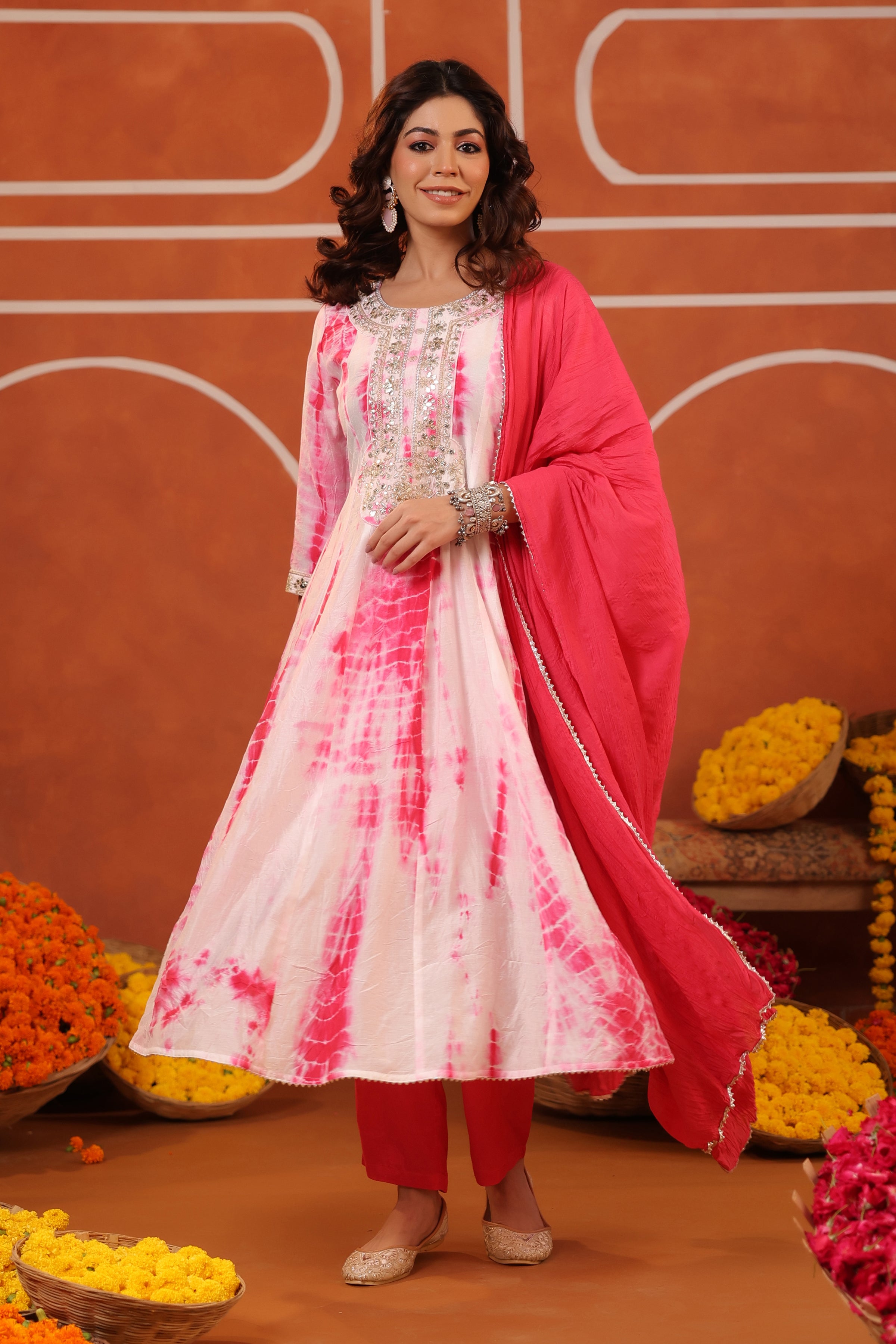 Fuchsia Shibori Chanderi Silk Embroidered Anarkali Suit Set