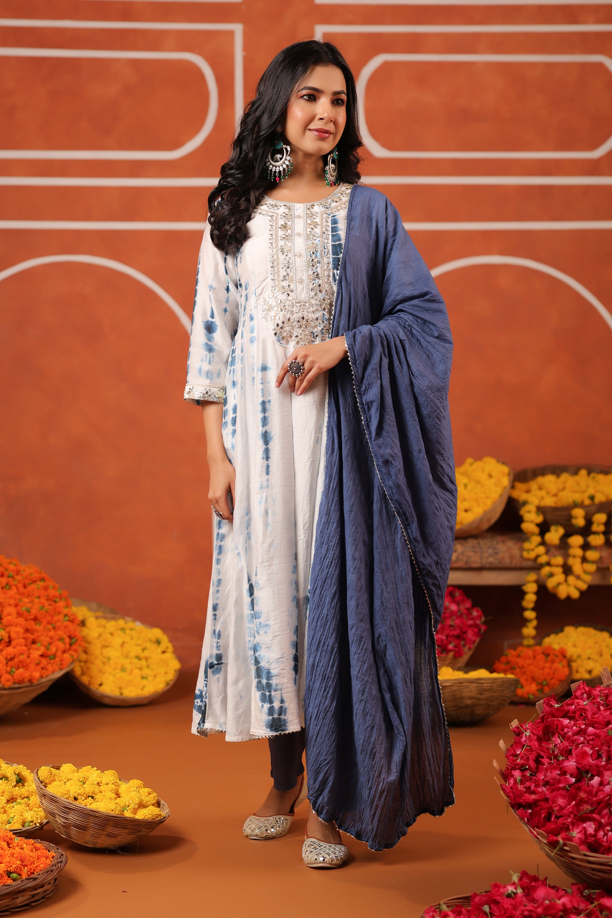 Indigo Shibori Chanderi Silk Embroidered Anarkali Suit Set
