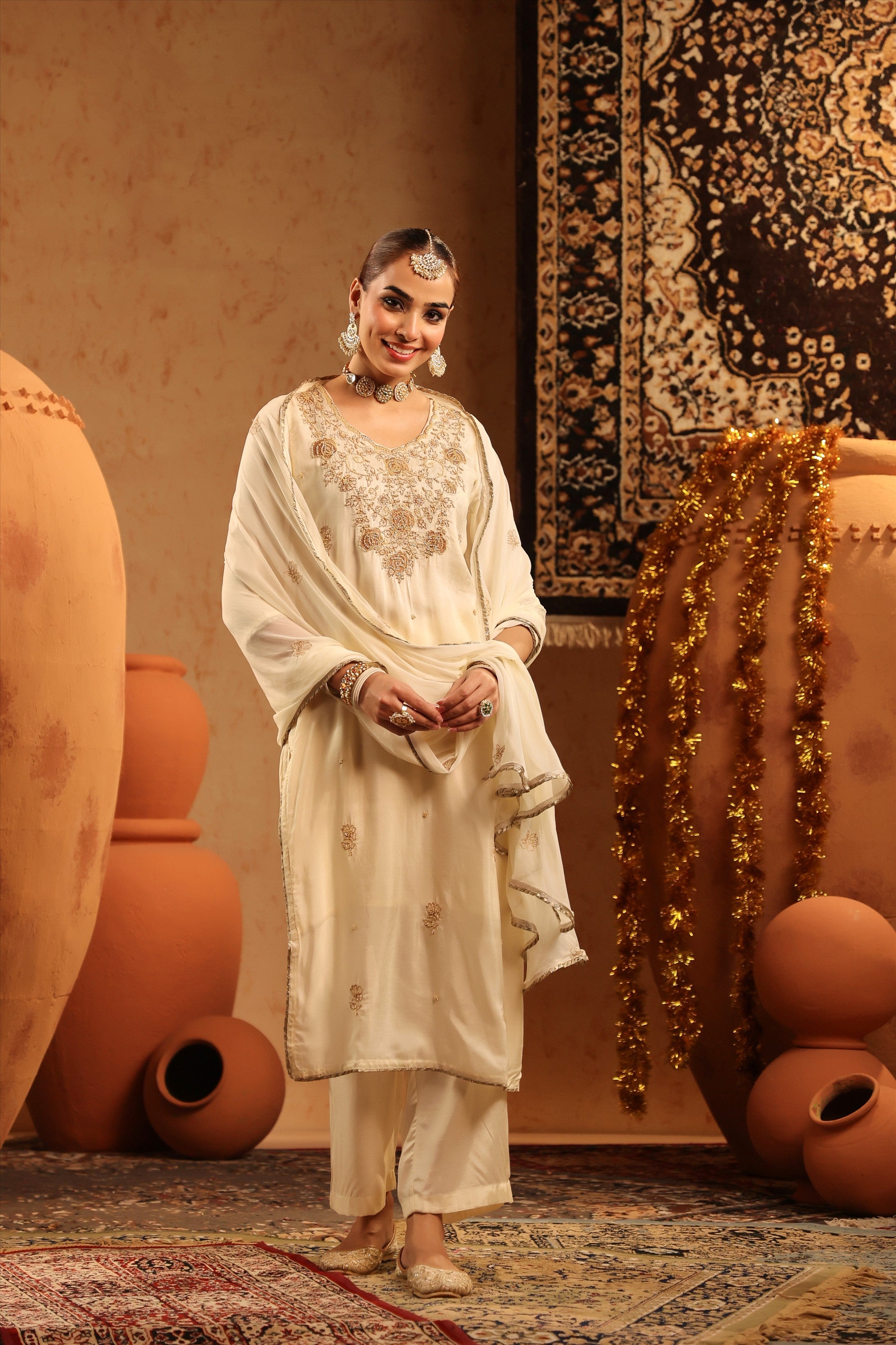 Ivory Russian Silk Embroidered-Handwork Straight Suit Set