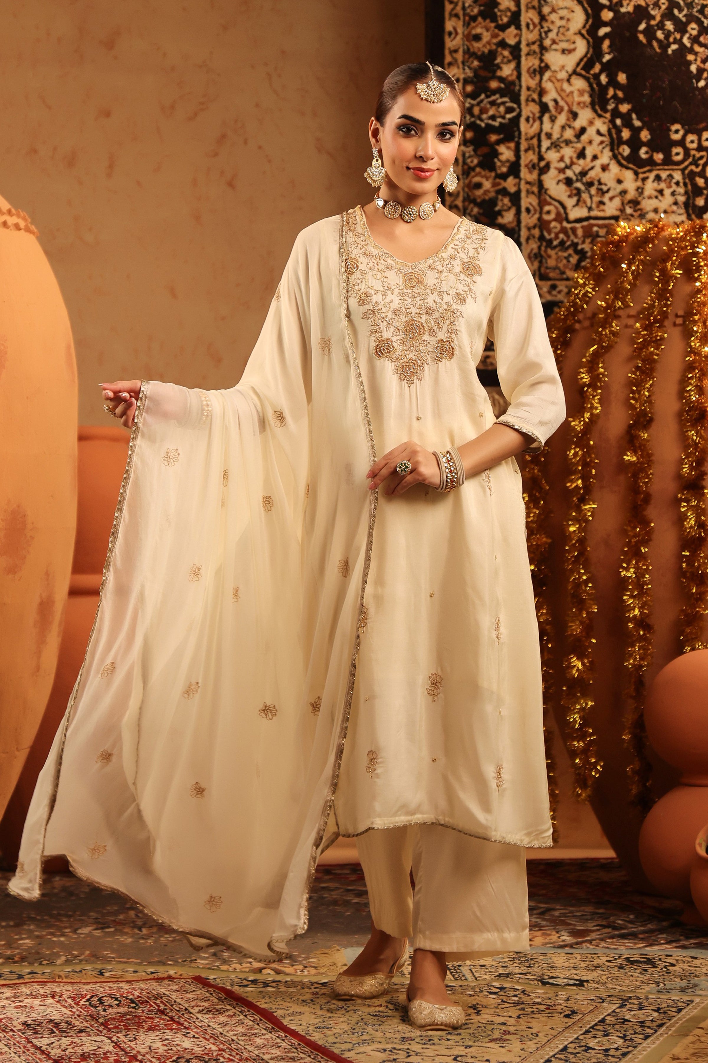 Ivory Russian Silk Embroidered-Handwork Straight Suit Set