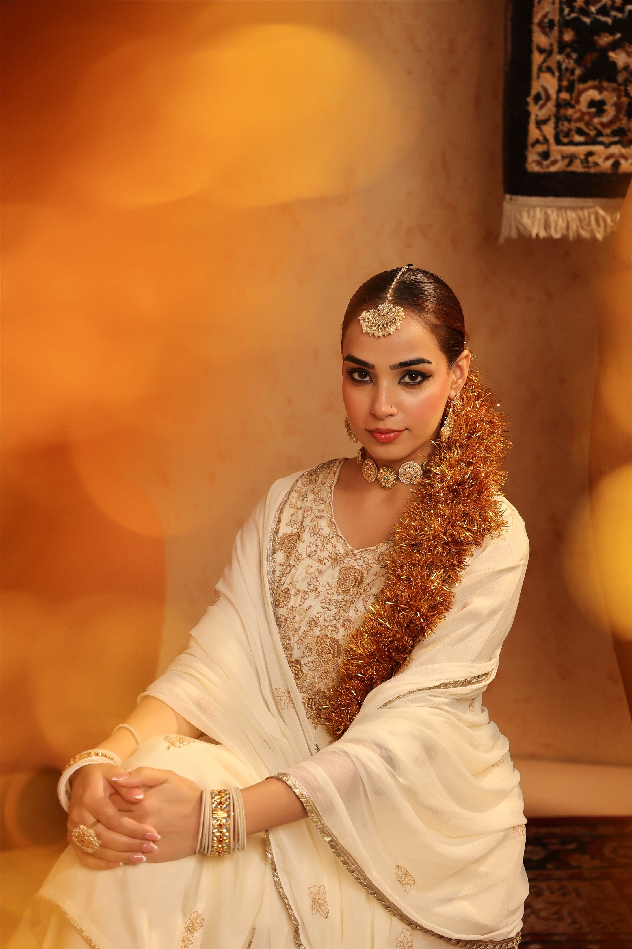 Ivory Russian Silk Embroidered-Handwork Straight Suit Set