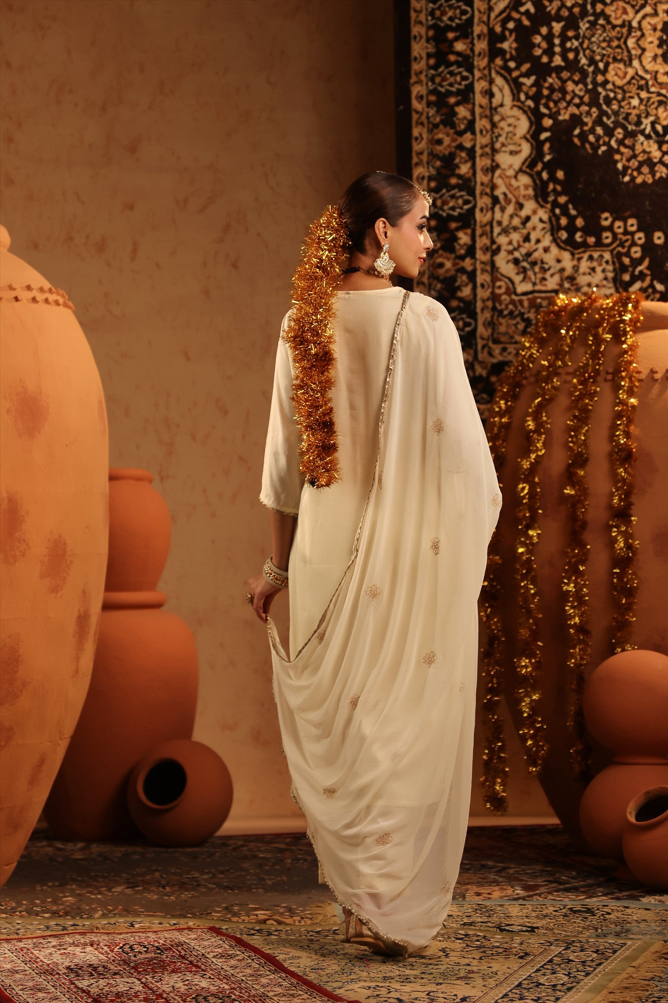 Ivory Russian Silk Embroidered-Handwork Straight Suit Set