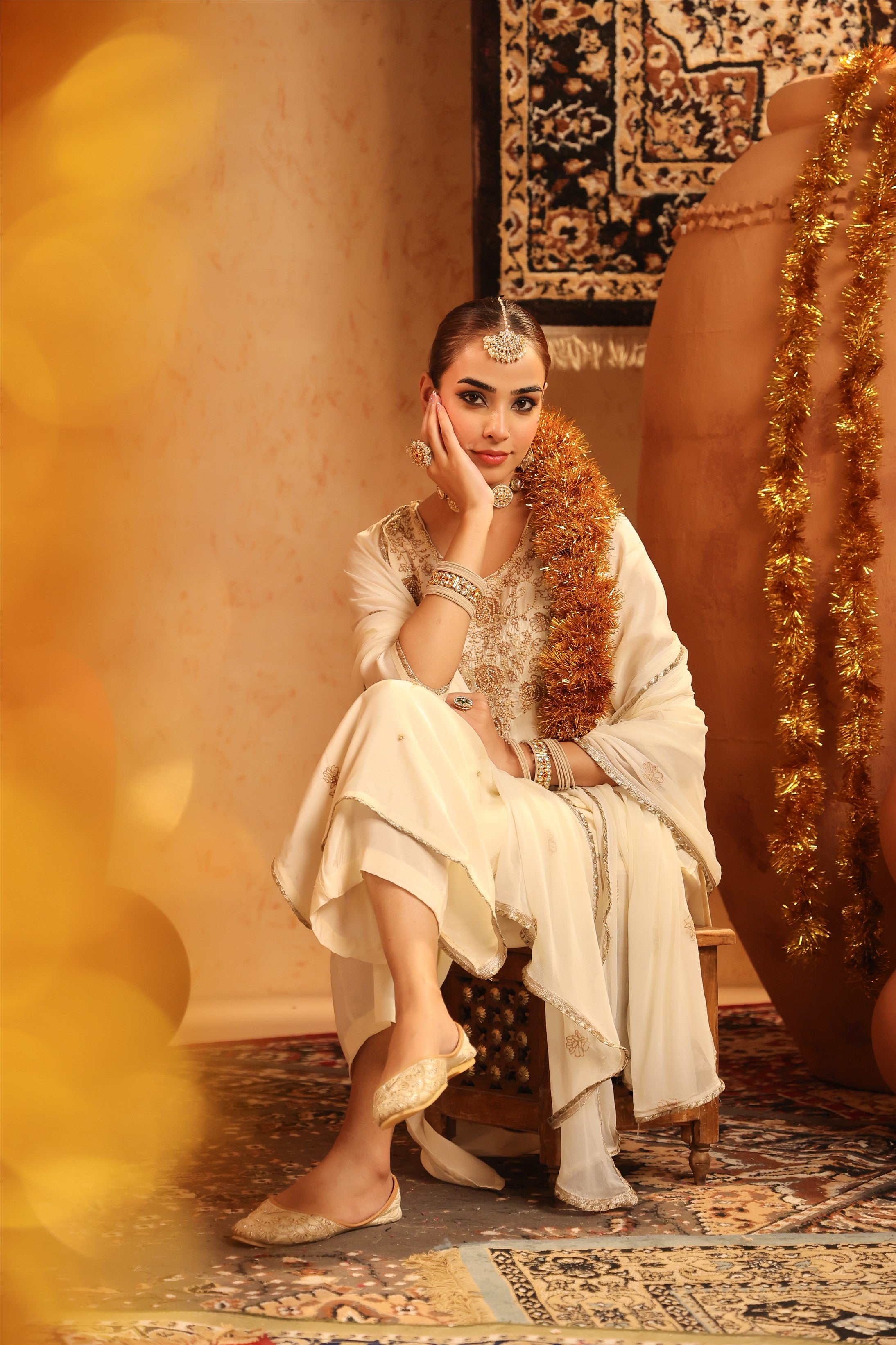 Ivory Russian Silk Embroidered-Handwork Straight Suit Set