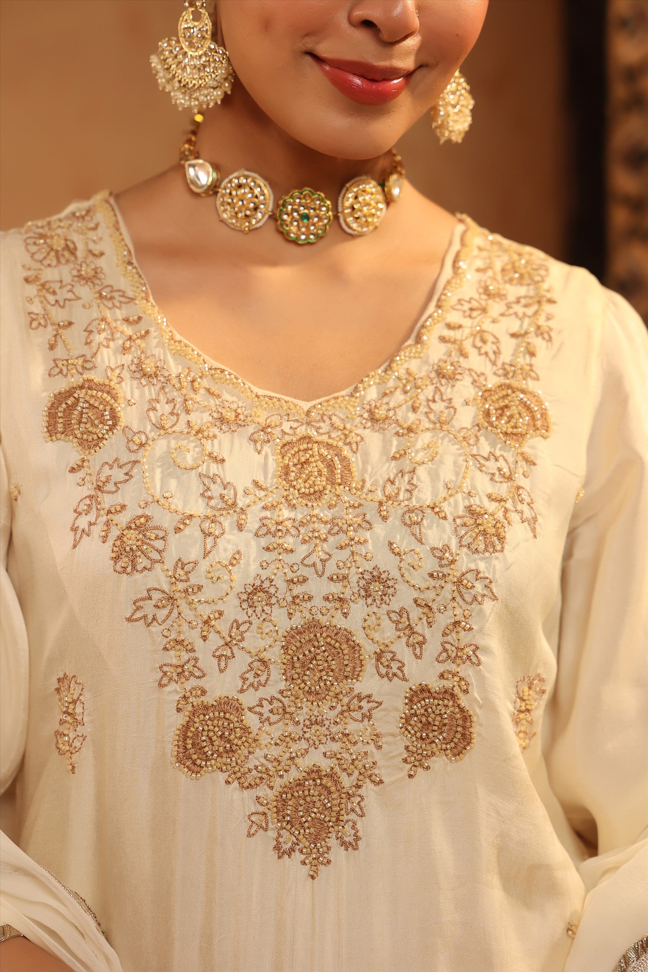 Ivory Russian Silk Embroidered-Handwork Straight Suit Set