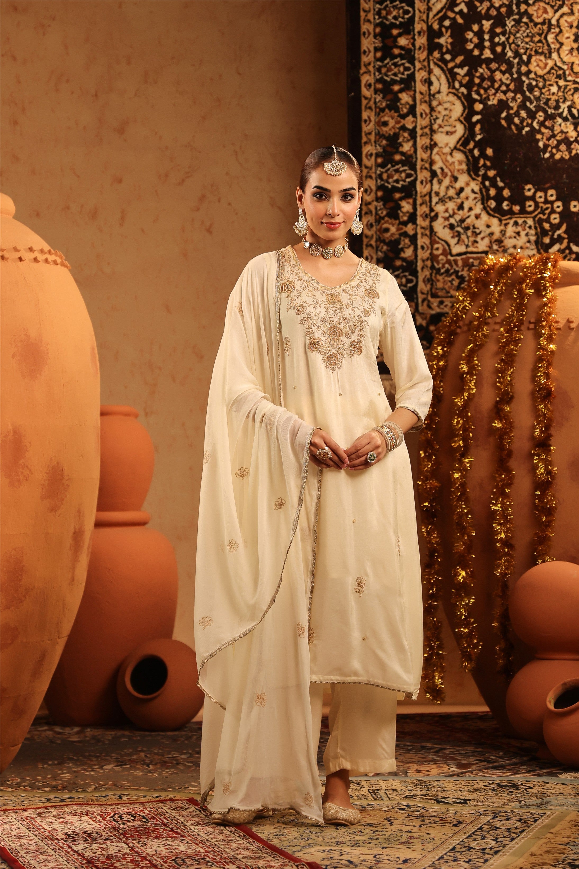 Ivory Russian Silk Embroidered-Handwork Straight Suit Set