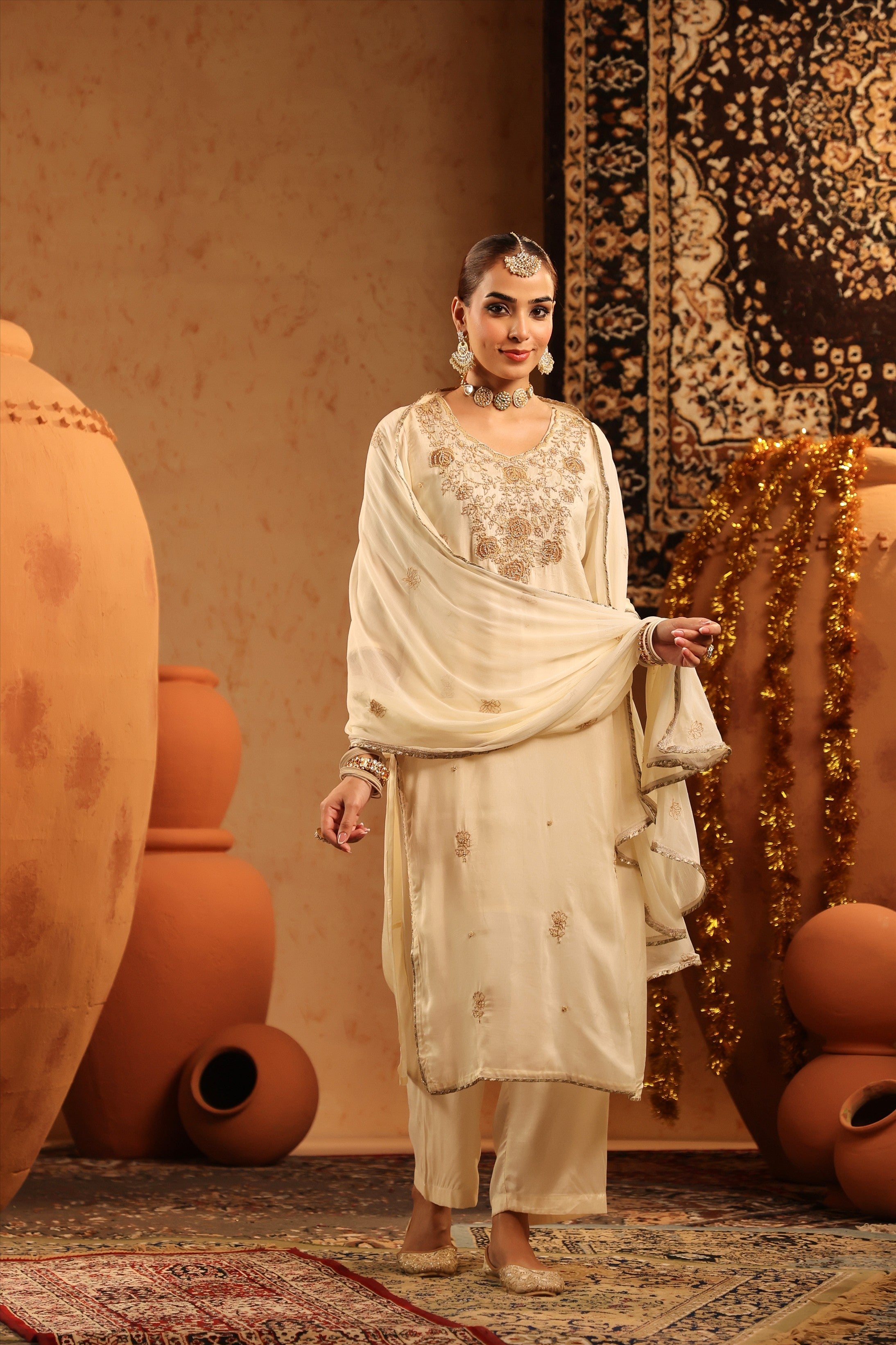 Ivory Russian Silk Embroidered-Handwork Straight Suit Set