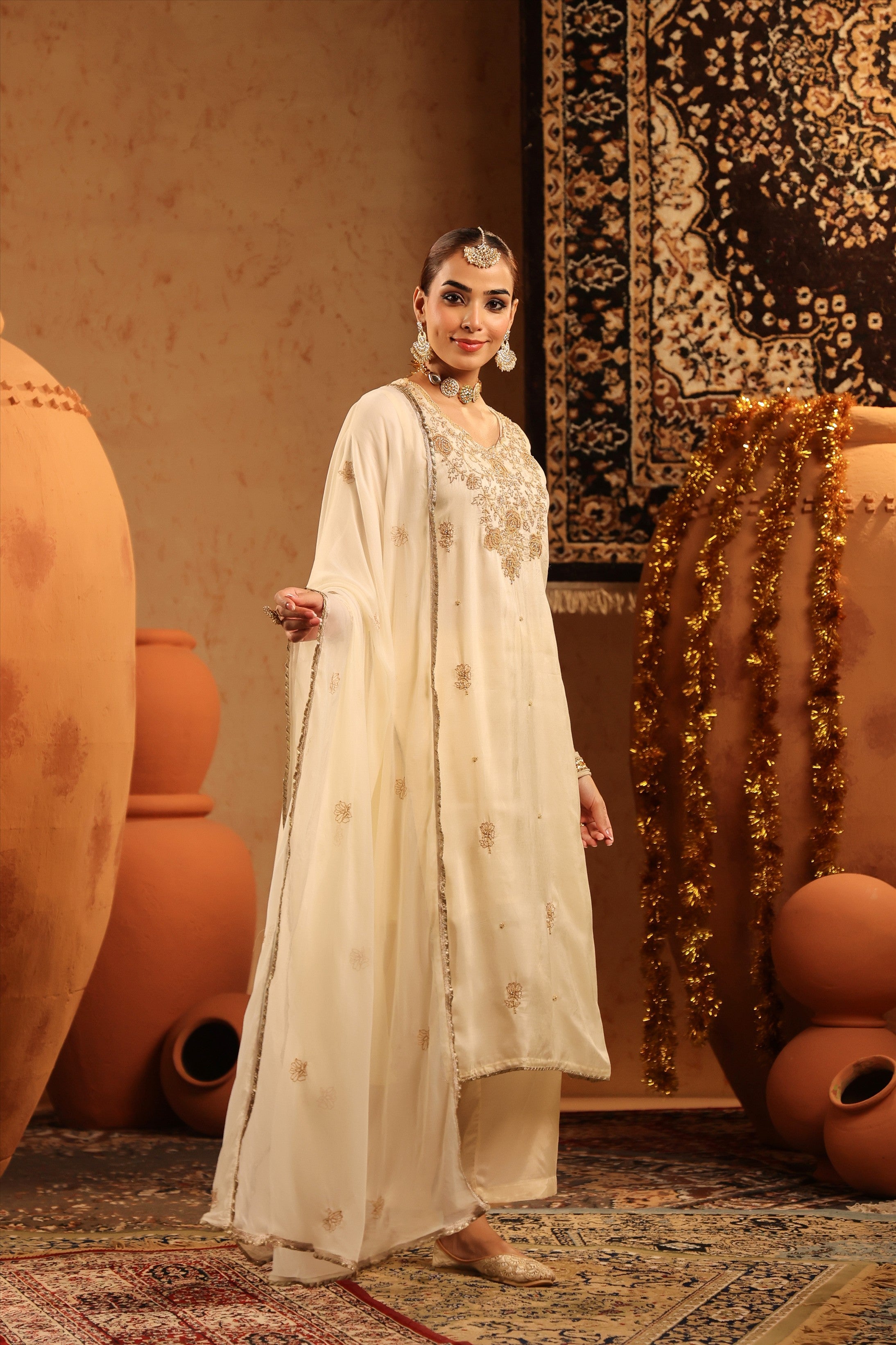 Ivory Russian Silk Embroidered-Handwork Straight Suit Set