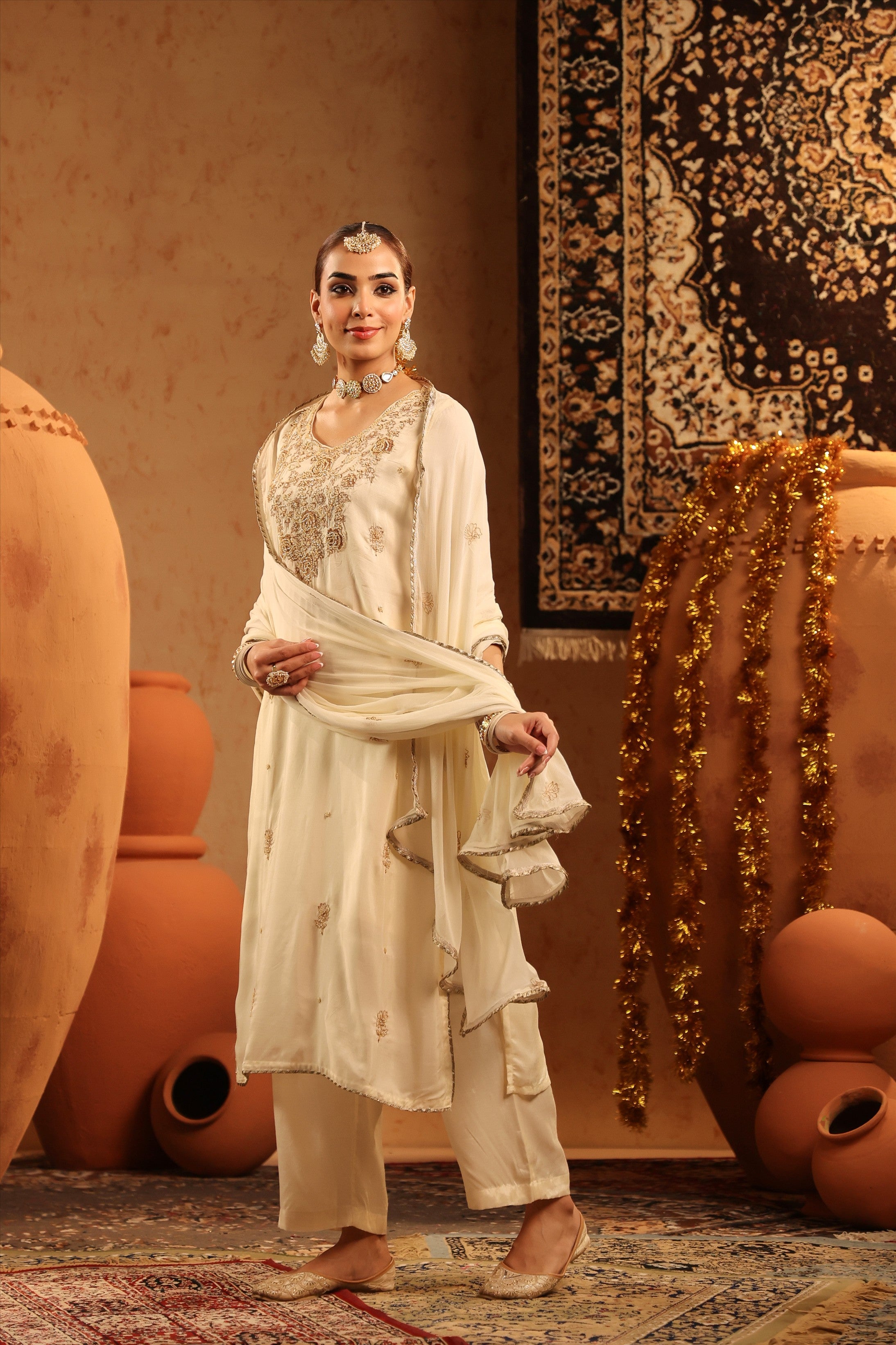 Ivory Russian Silk Embroidered-Handwork Straight Suit Set