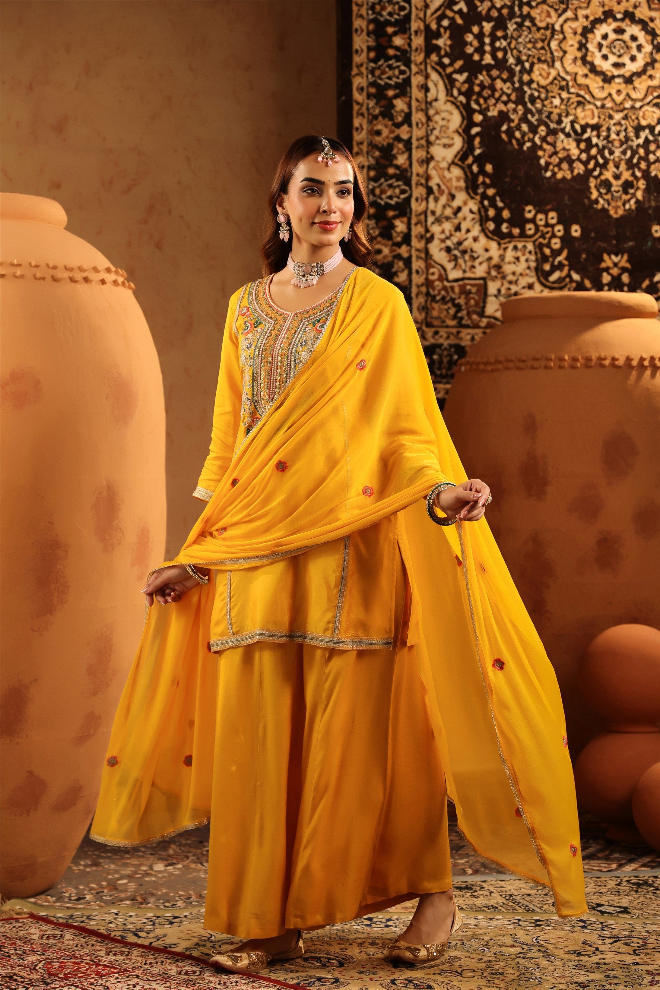 Mustard Russian Silk Embroidered Sharara Suit Set