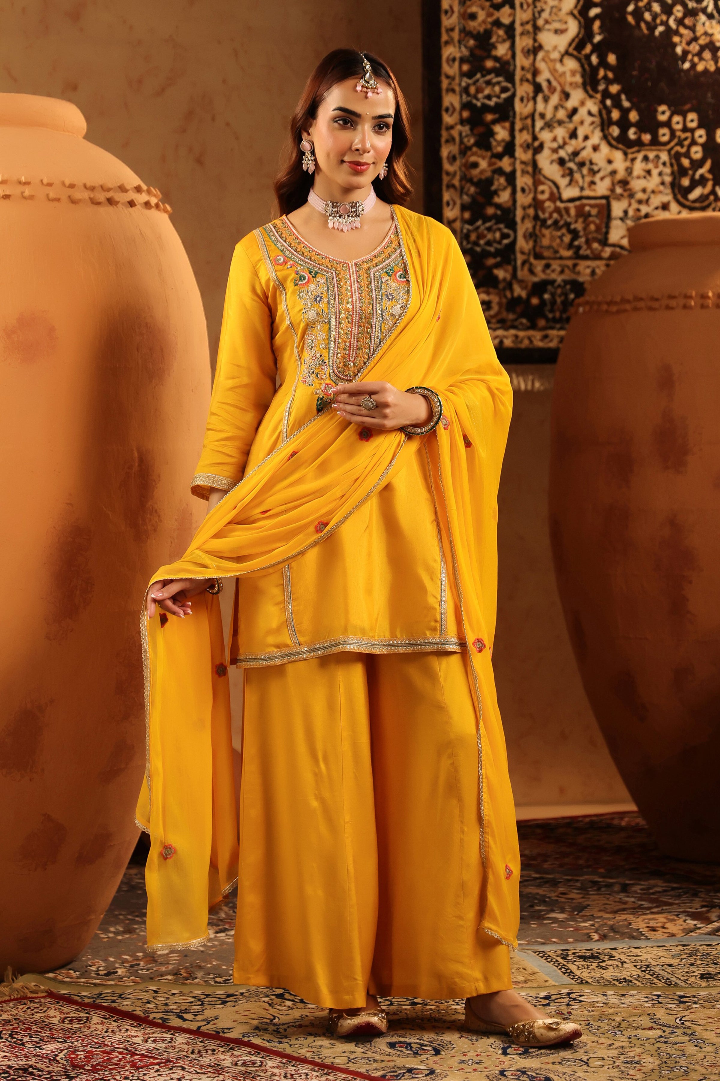 Mustard Russian Silk Embroidered Sharara Suit Set