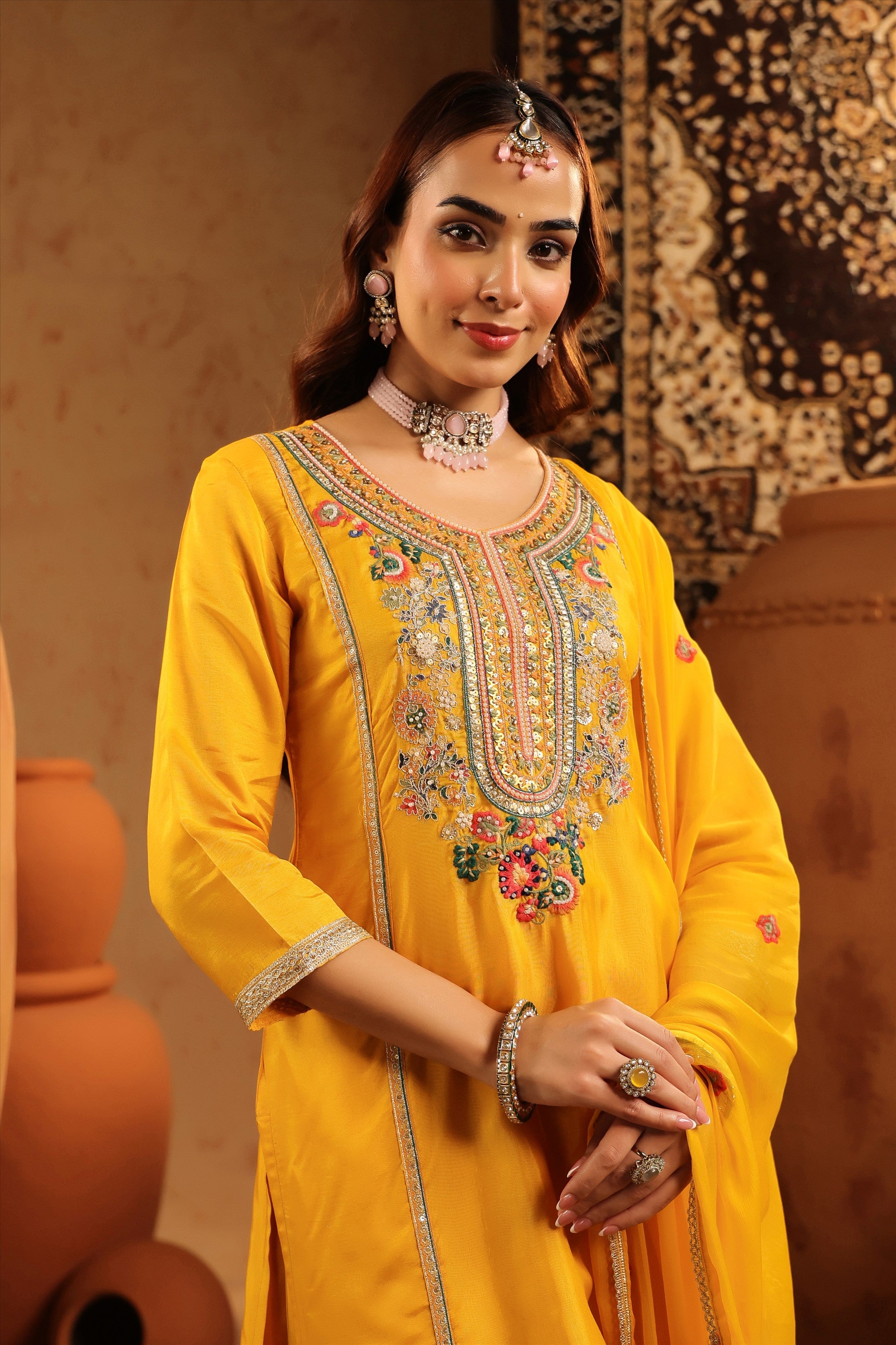 Mustard Russian Silk Embroidered Sharara Suit Set